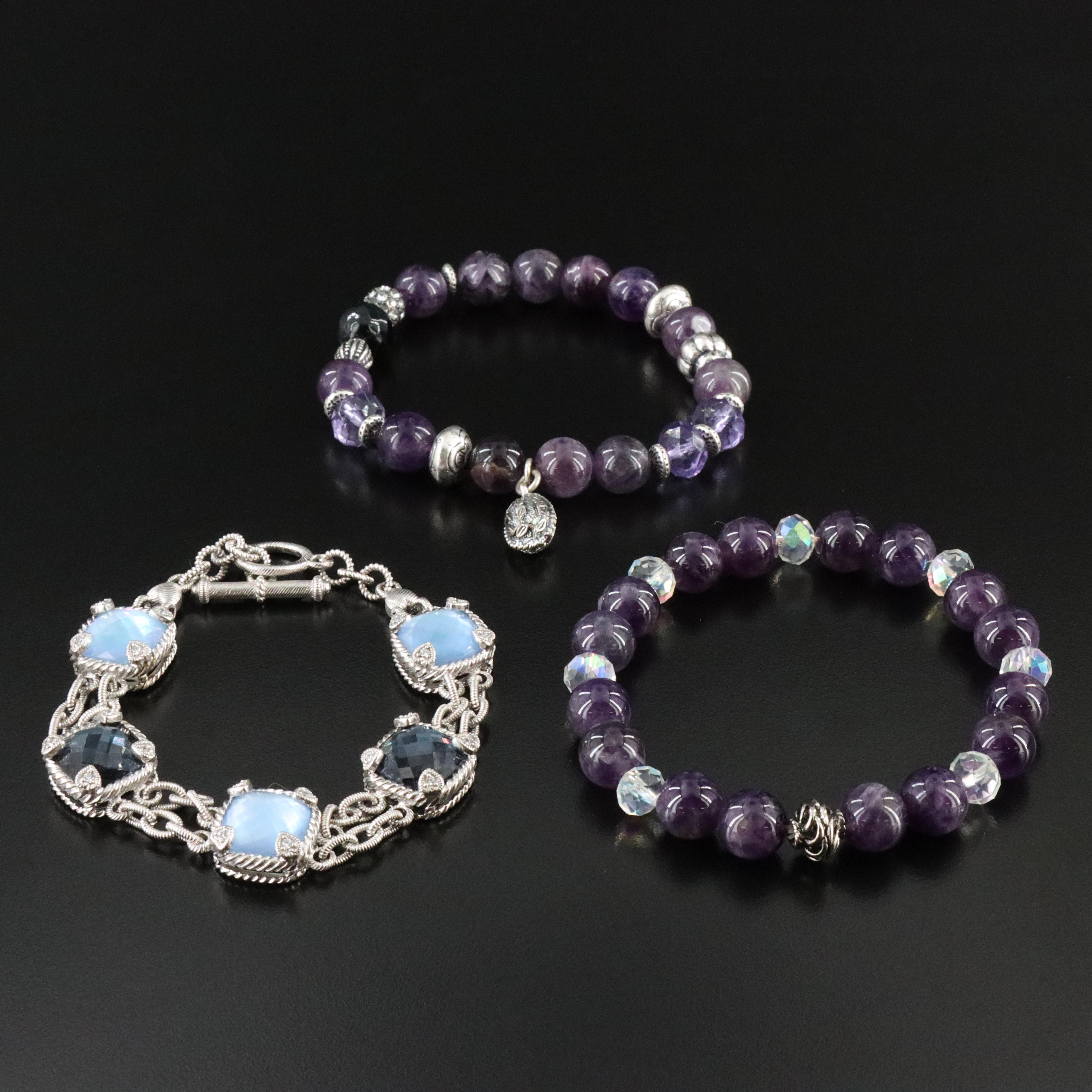 Judith Ripka Sterling, Amethyst and Rock Crystal Featured in Bracelet Trio