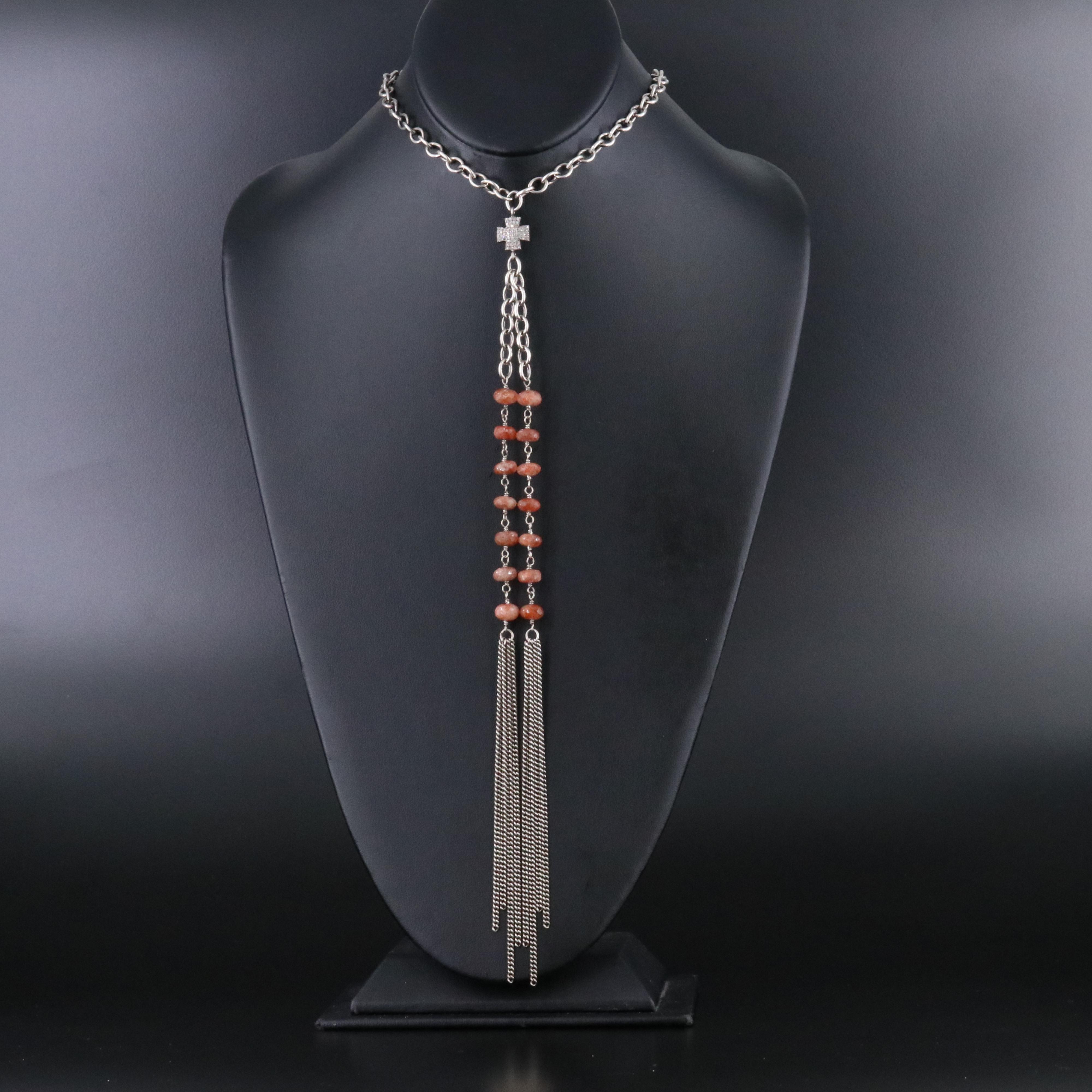 Sheryl Lowe Sterling Sunstone and Diamond Maltese Cross Lariat Necklace