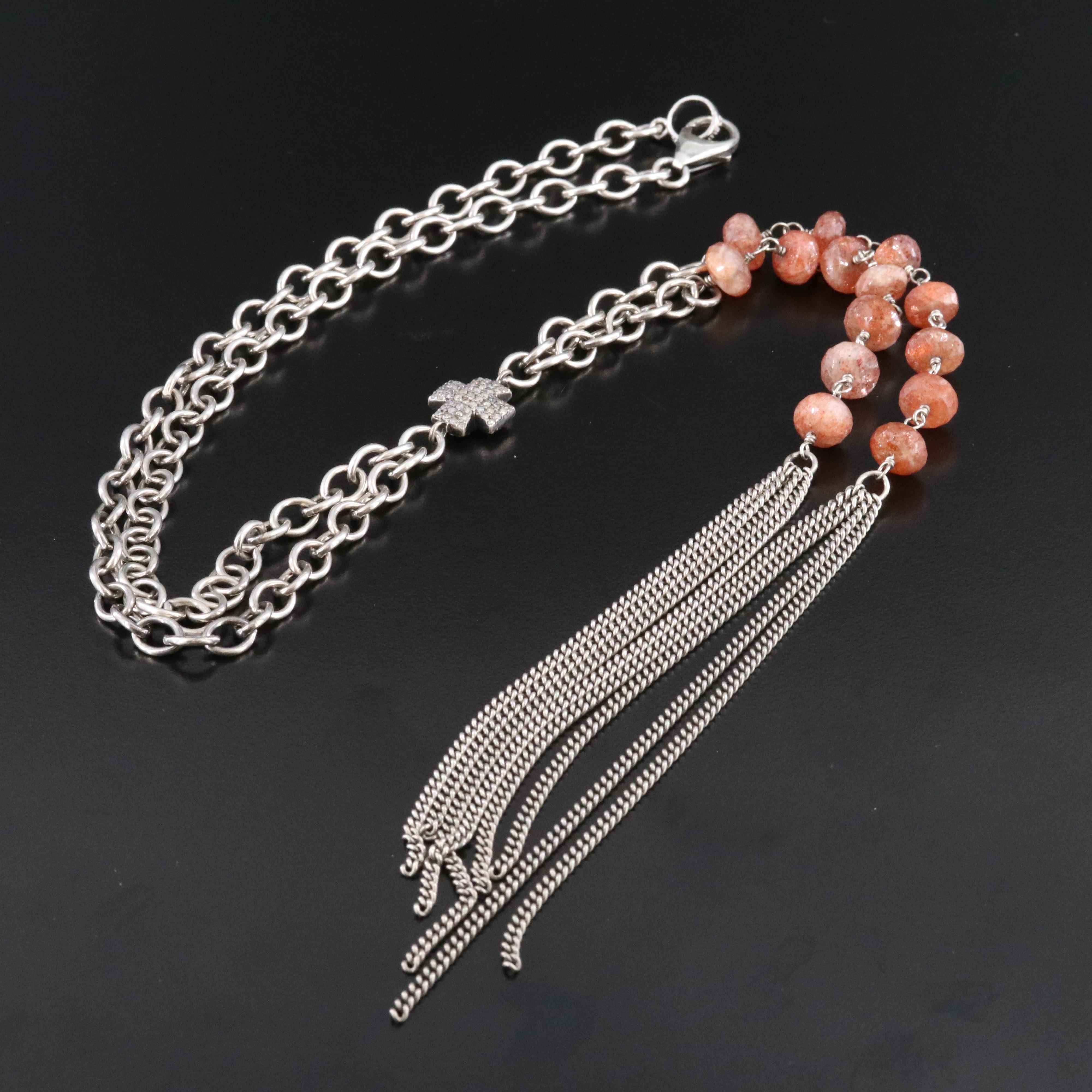 Sheryl Lowe Sterling Sunstone and Diamond Maltese Cross Lariat Necklace