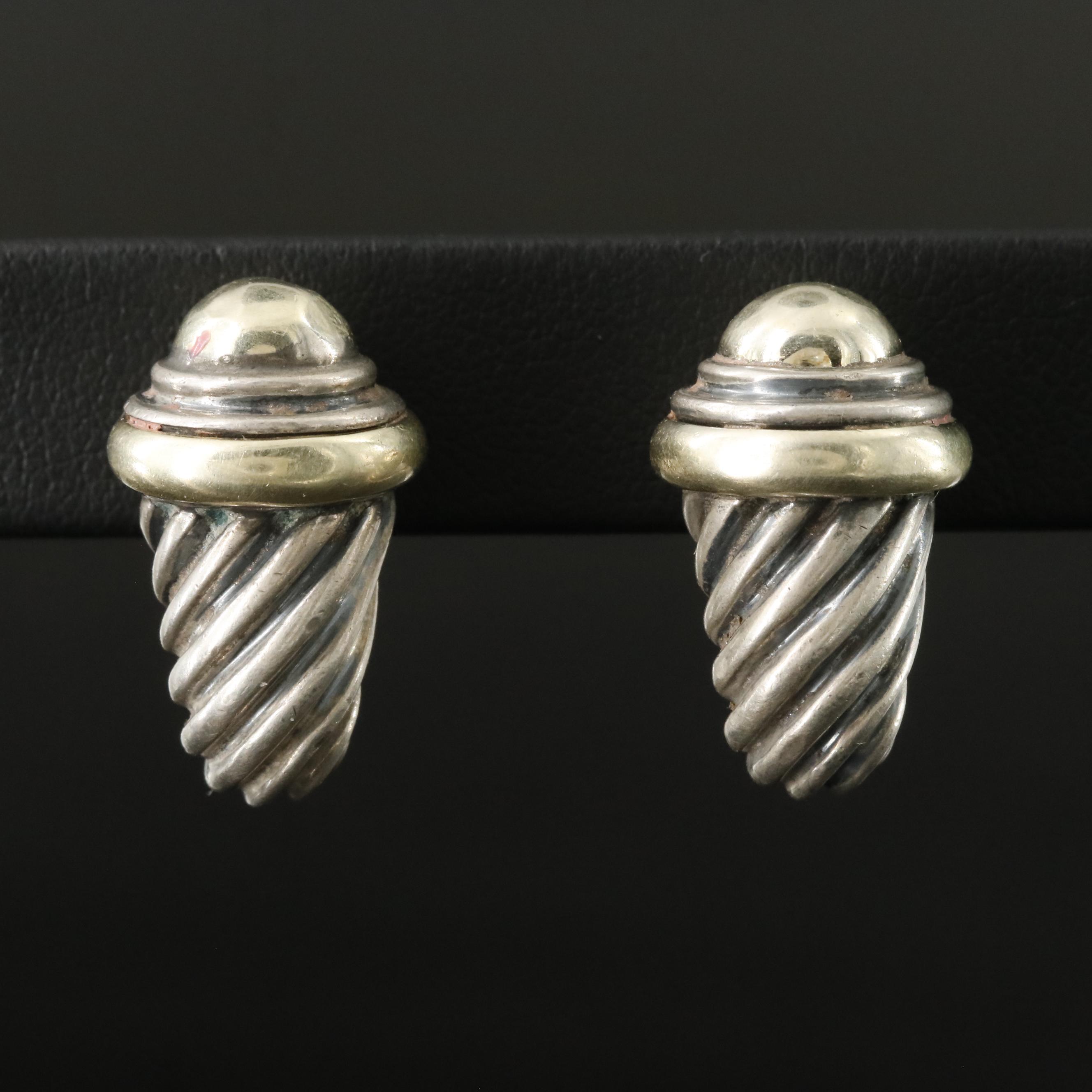 David Yurman Sterling and 14K Shrimp J Hoop Earrings