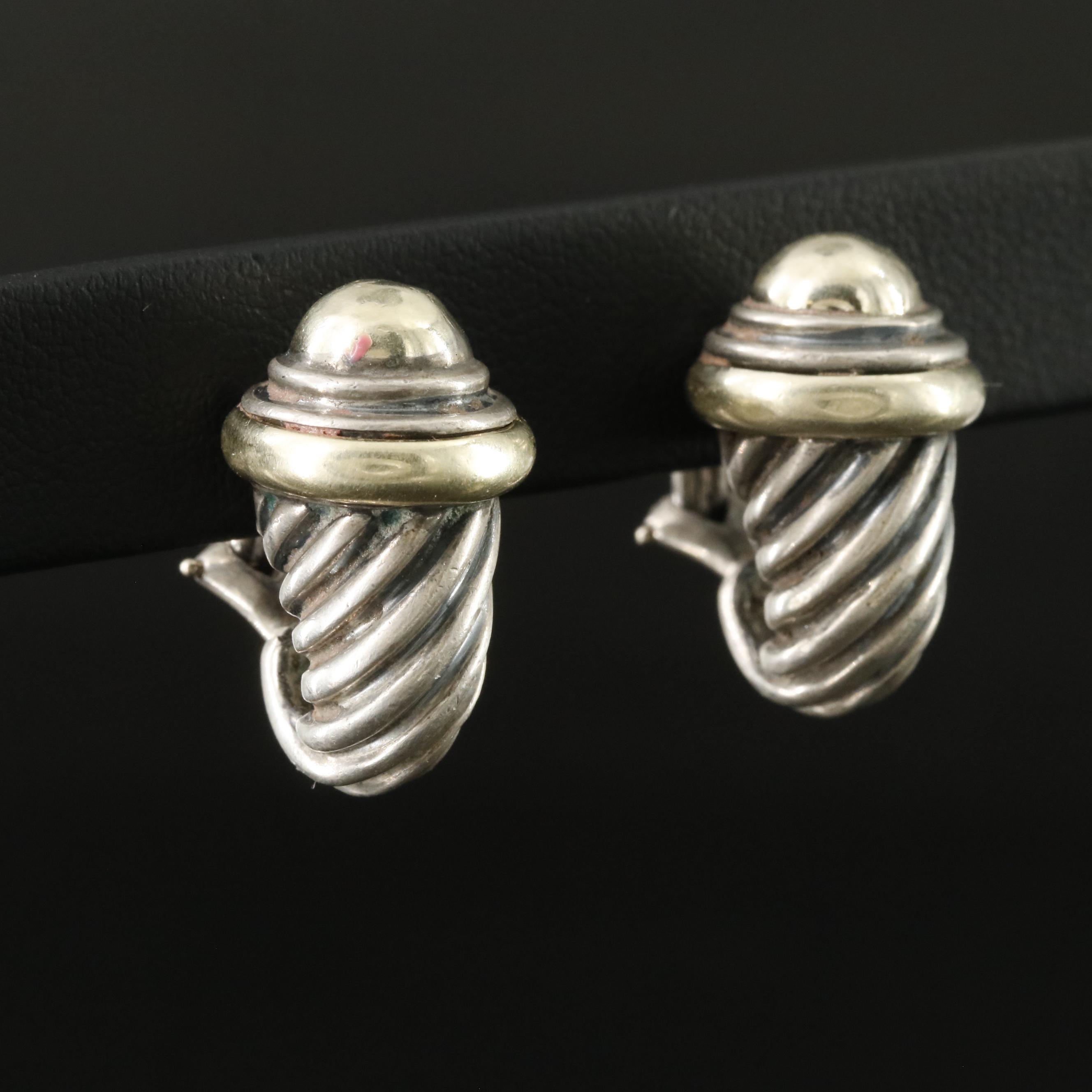 David Yurman Sterling and 14K Shrimp J Hoop Earrings