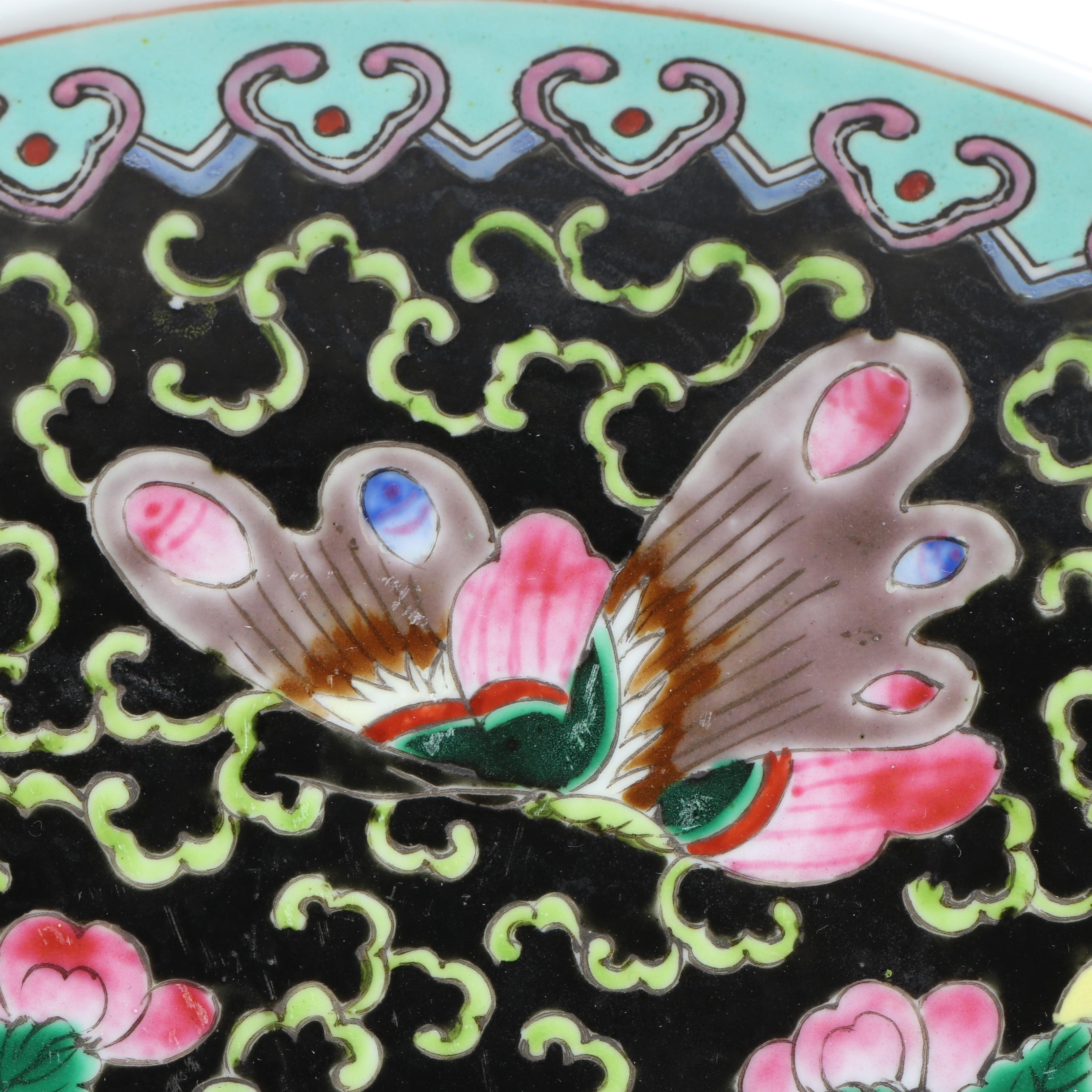 Chinese Porcelain Famille Noir Charger with Stand