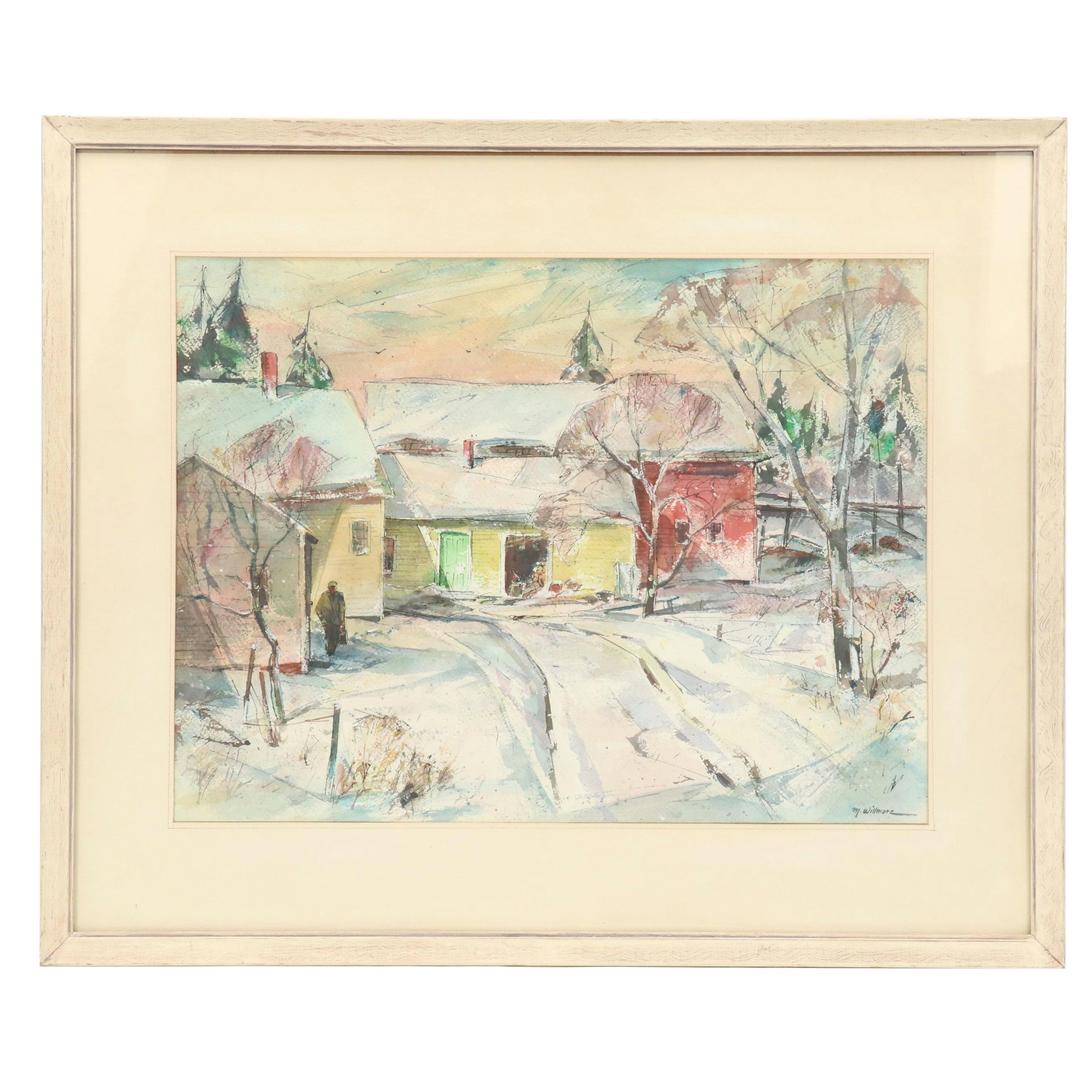 Merton W. Willmore Watercolor and Ink Painting of Snowy House Scene, Mid-20th C.