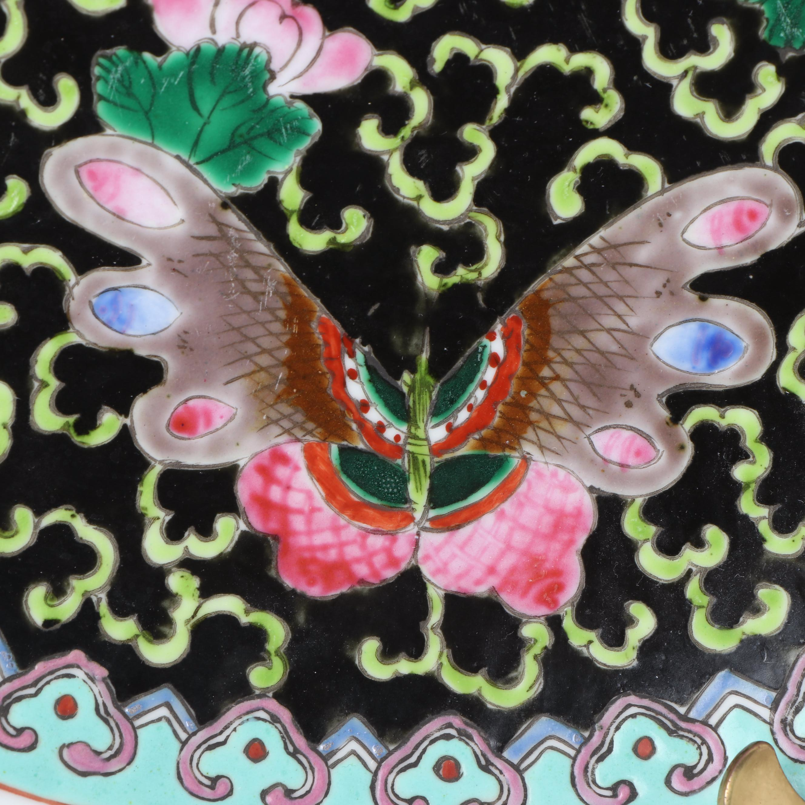 Chinese Porcelain Famille Noir Charger with Stand