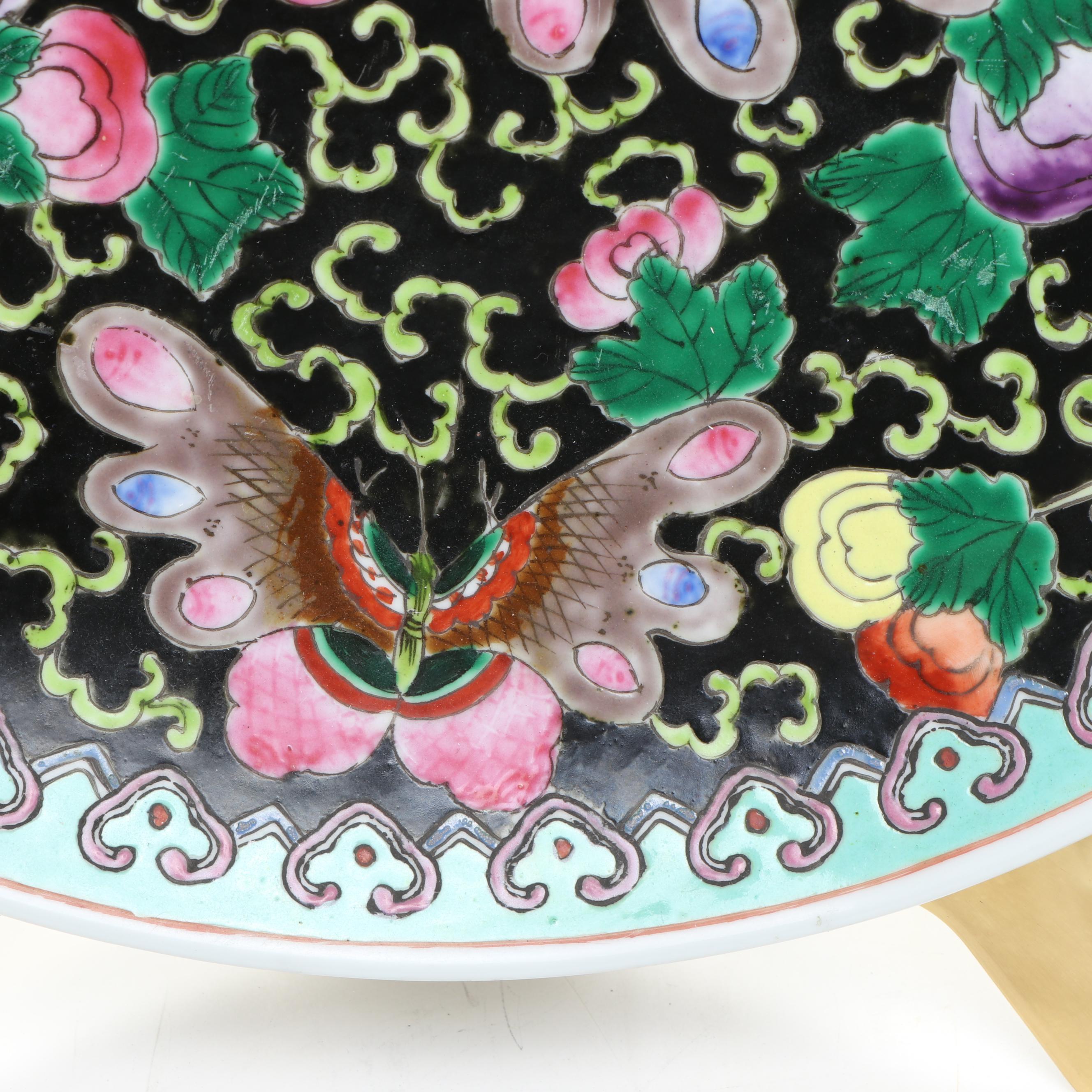 Chinese Porcelain Famille Noir Charger with Stand