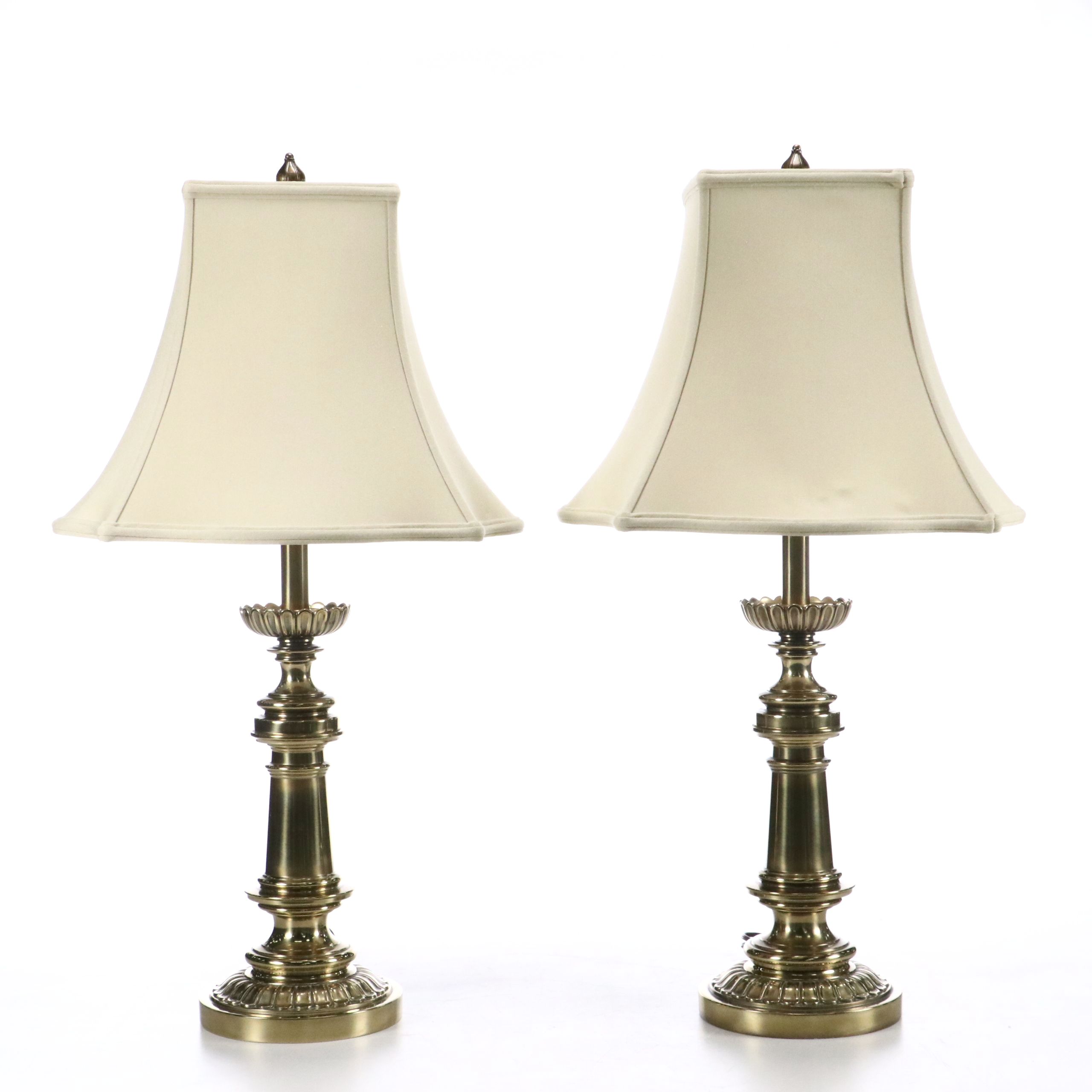 Pair of Stiffel Brass Table Lamps with Silk Square Bell Shades, Vintage