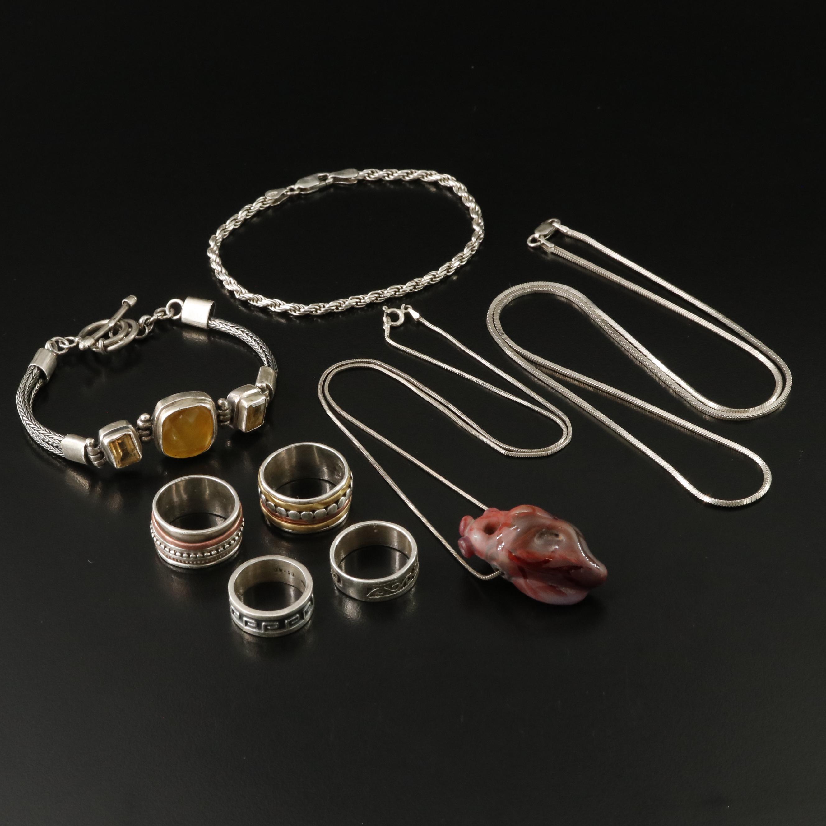 Sterling Jewelry Collection Including Glass