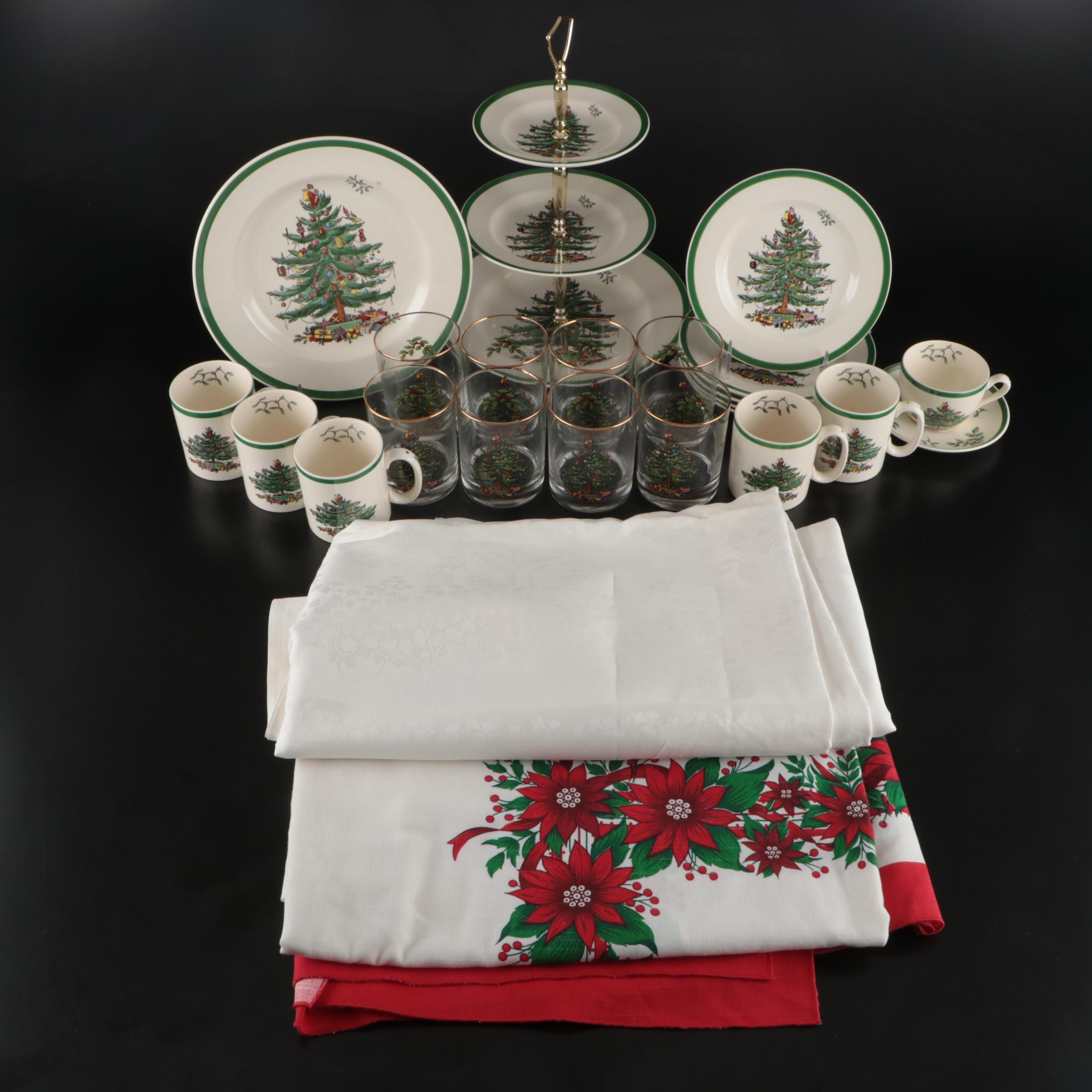 Spode "Christmas Tree" Porcelain Tableware with Seasonal Tablecloths