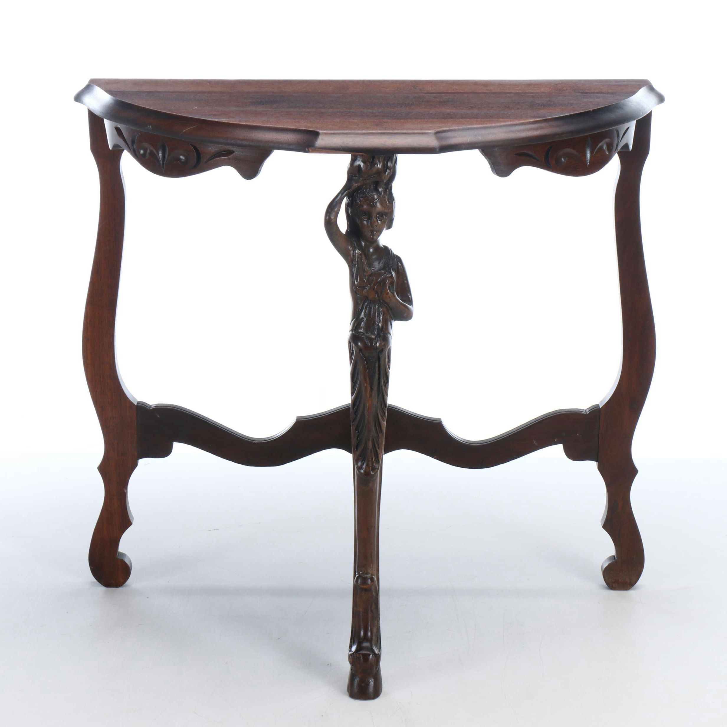 Rococo Style Figural Carved Rosewood Demilune Console Table, 20th Century