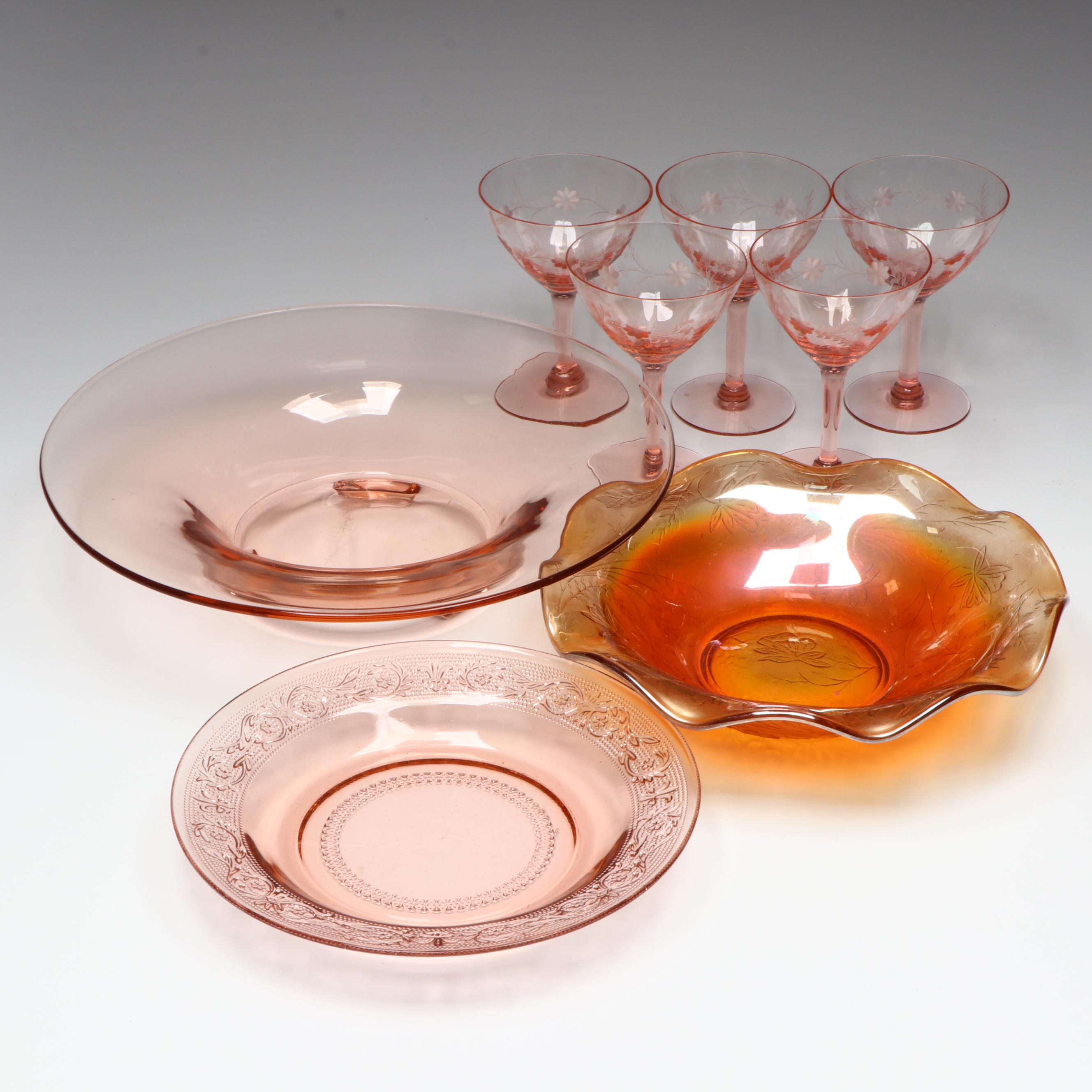 Etched Glass Coupes with Other Pink and Orange Glass Bowls