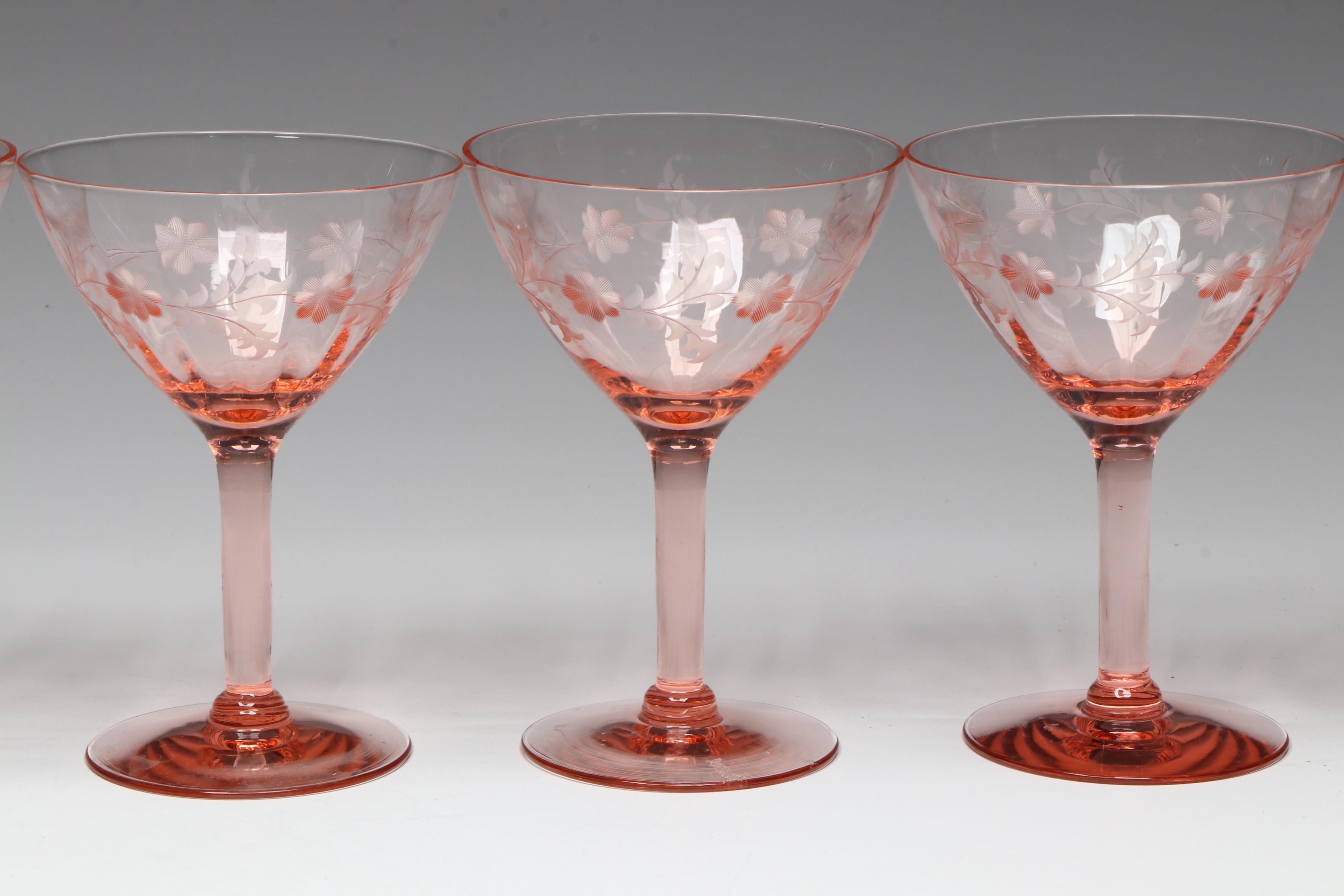 Etched Glass Coupes with Other Pink and Orange Glass Bowls