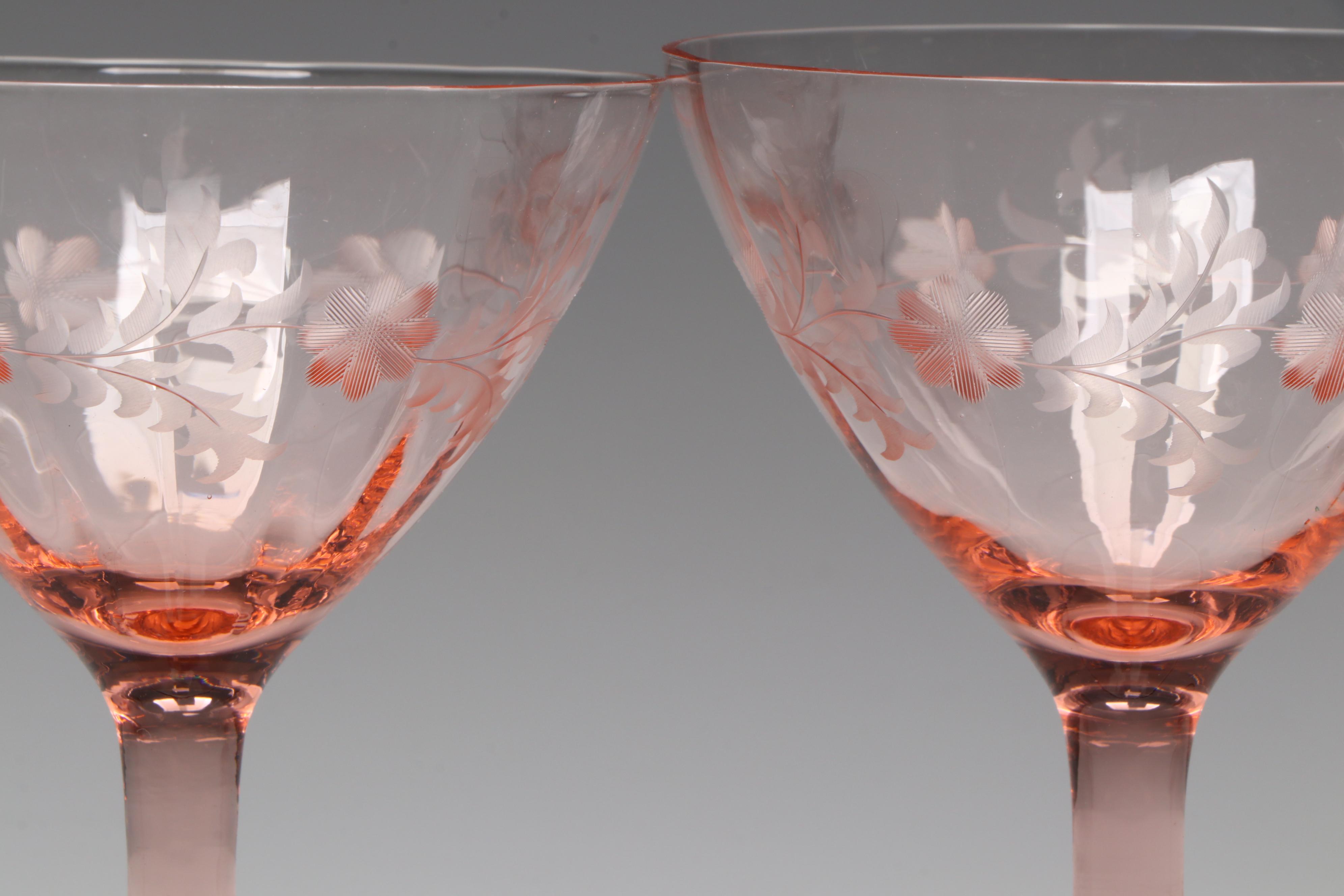 Etched Glass Coupes with Other Pink and Orange Glass Bowls