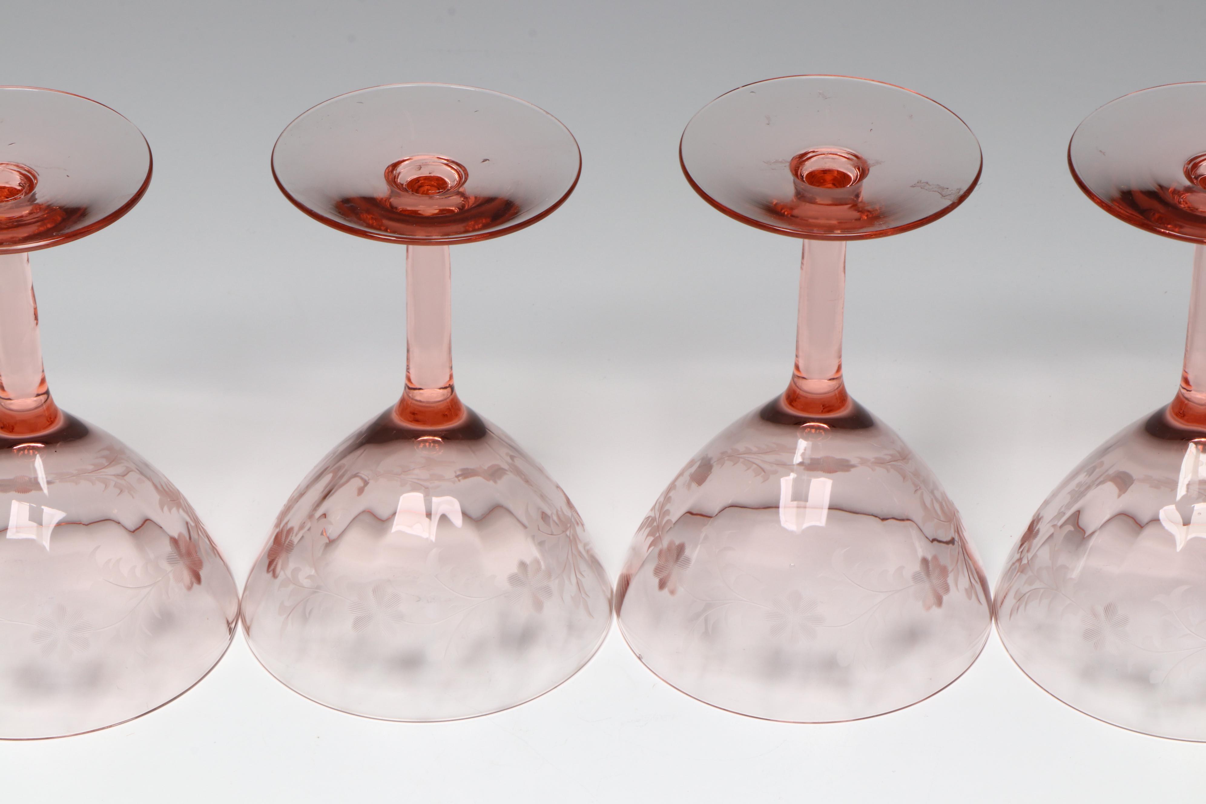 Etched Glass Coupes with Other Pink and Orange Glass Bowls