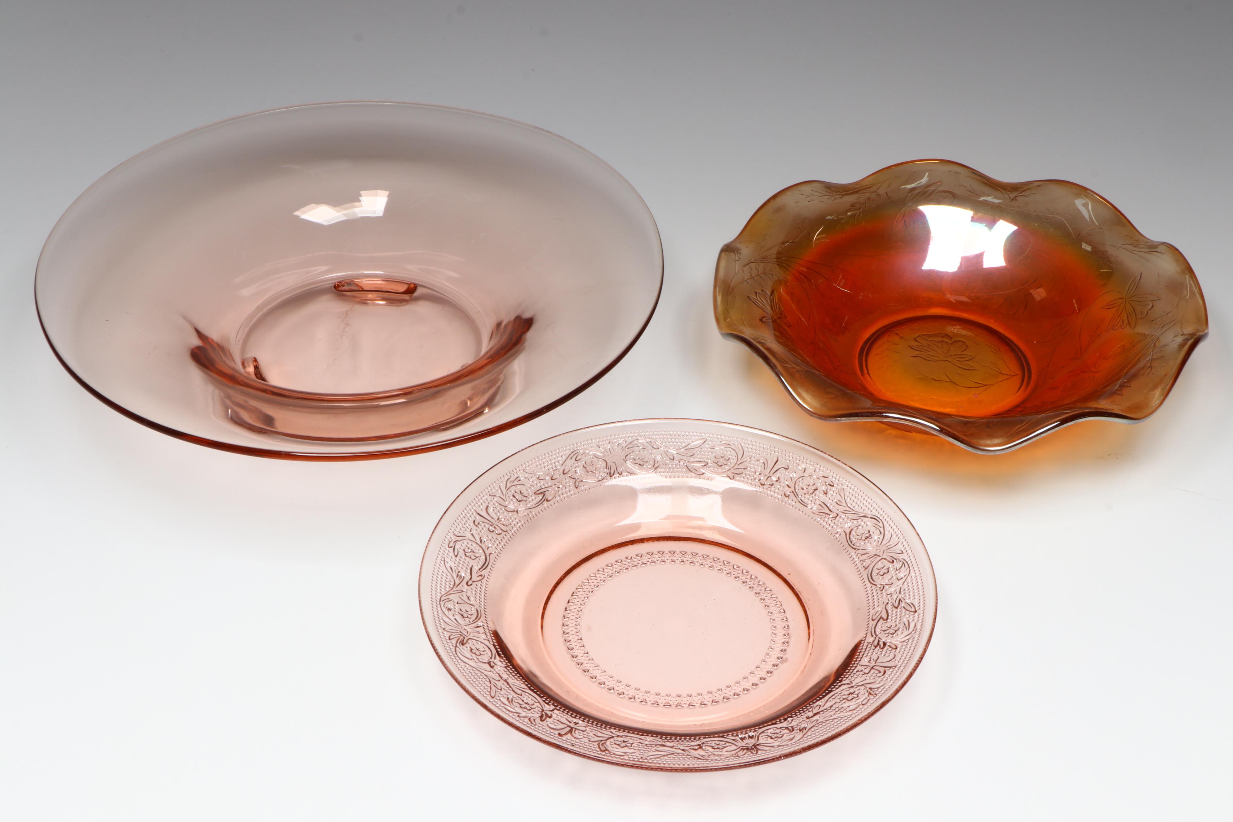 Etched Glass Coupes with Other Pink and Orange Glass Bowls