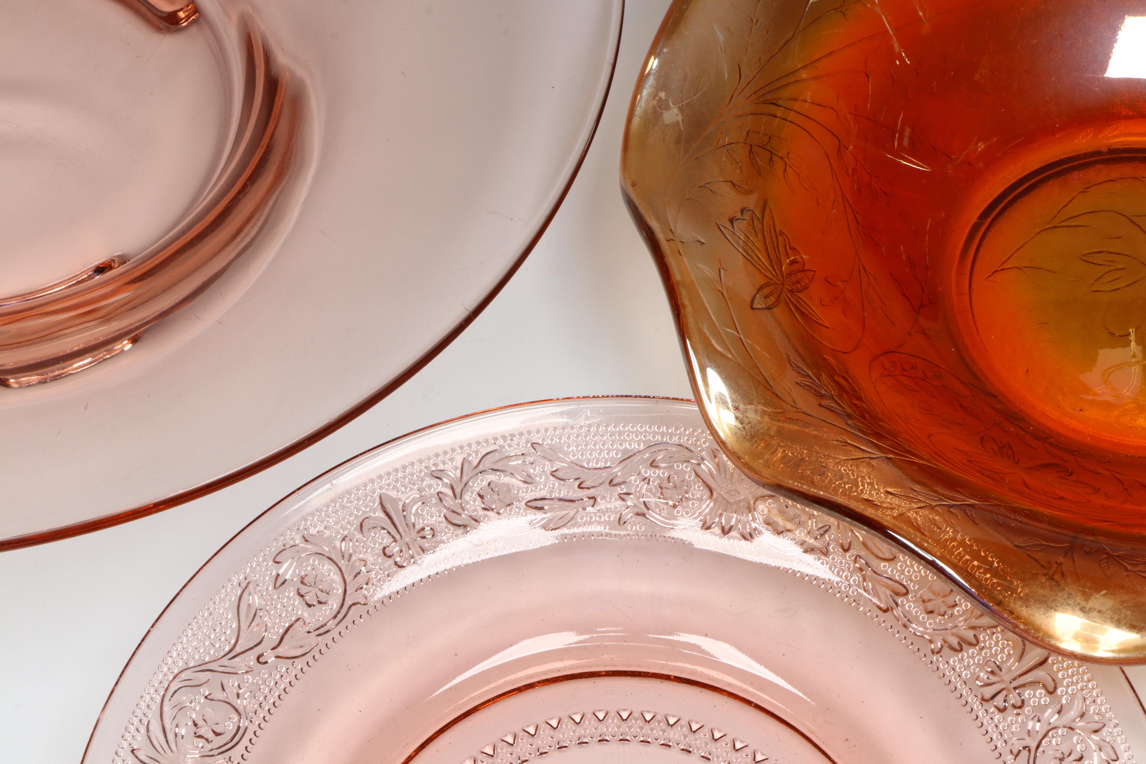Etched Glass Coupes with Other Pink and Orange Glass Bowls
