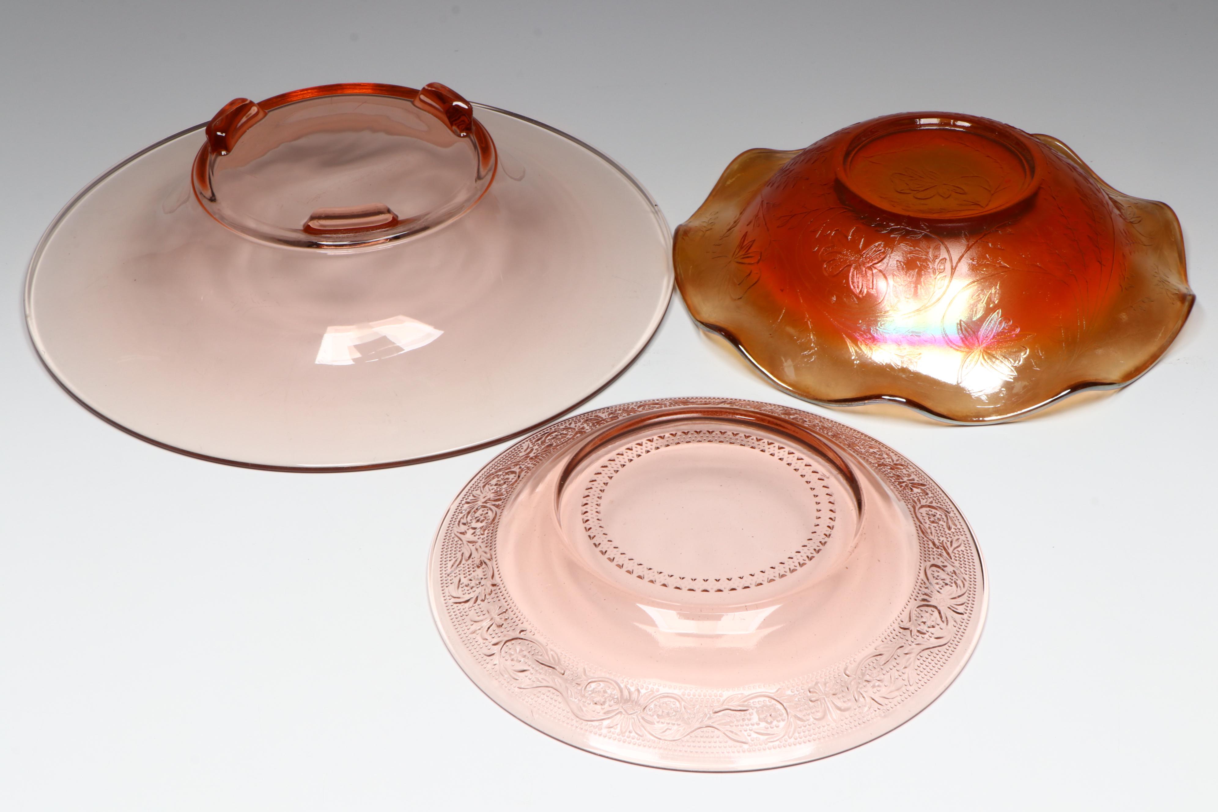 Etched Glass Coupes with Other Pink and Orange Glass Bowls