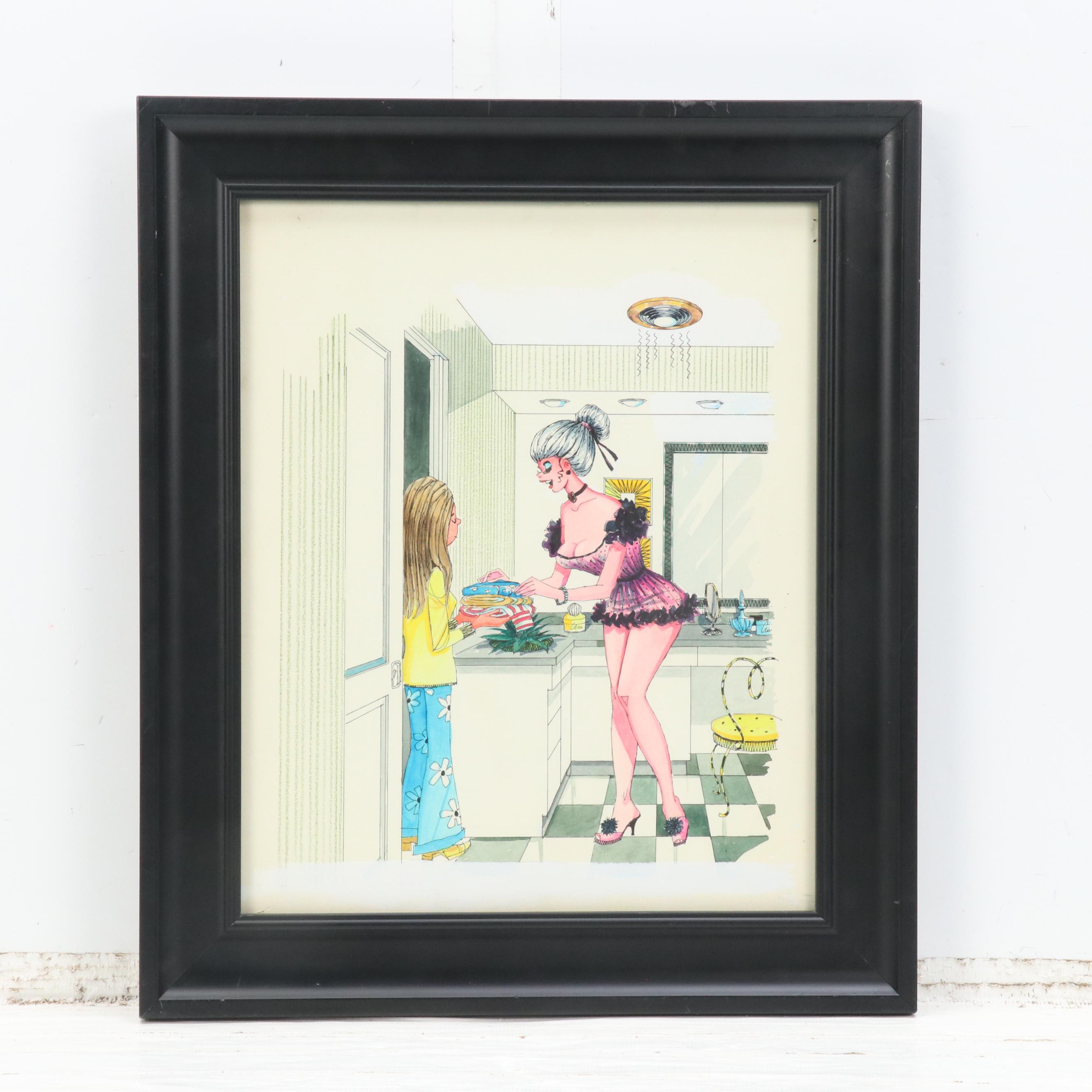 George Wagner Pin-Up Style Marker and Pen Illustrations, Mid-20th C.