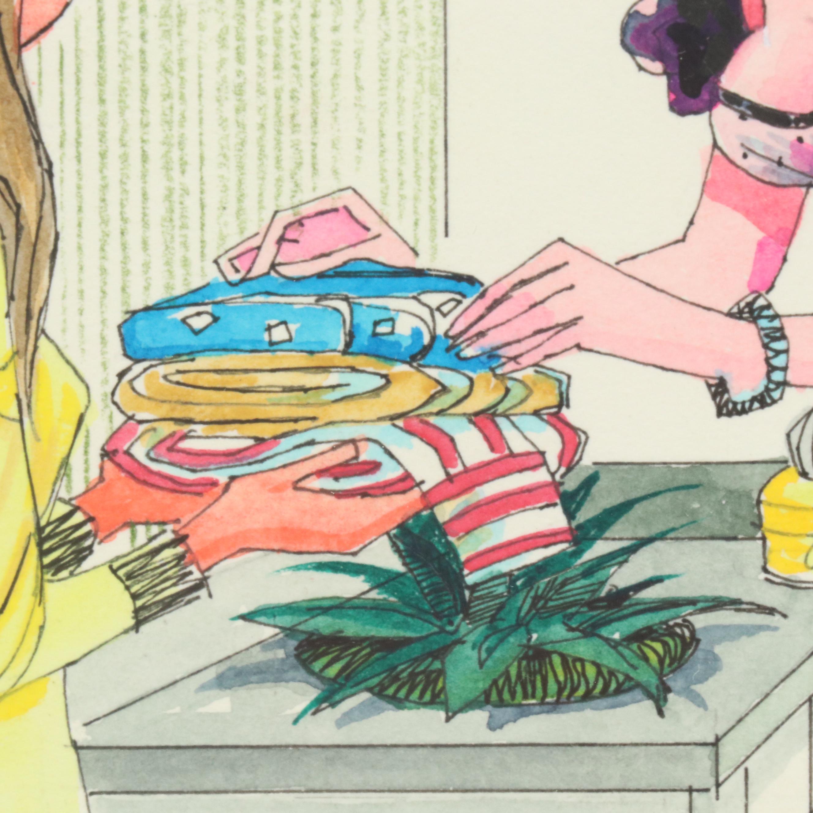 George Wagner Pin-Up Style Marker and Pen Illustrations, Mid-20th C.