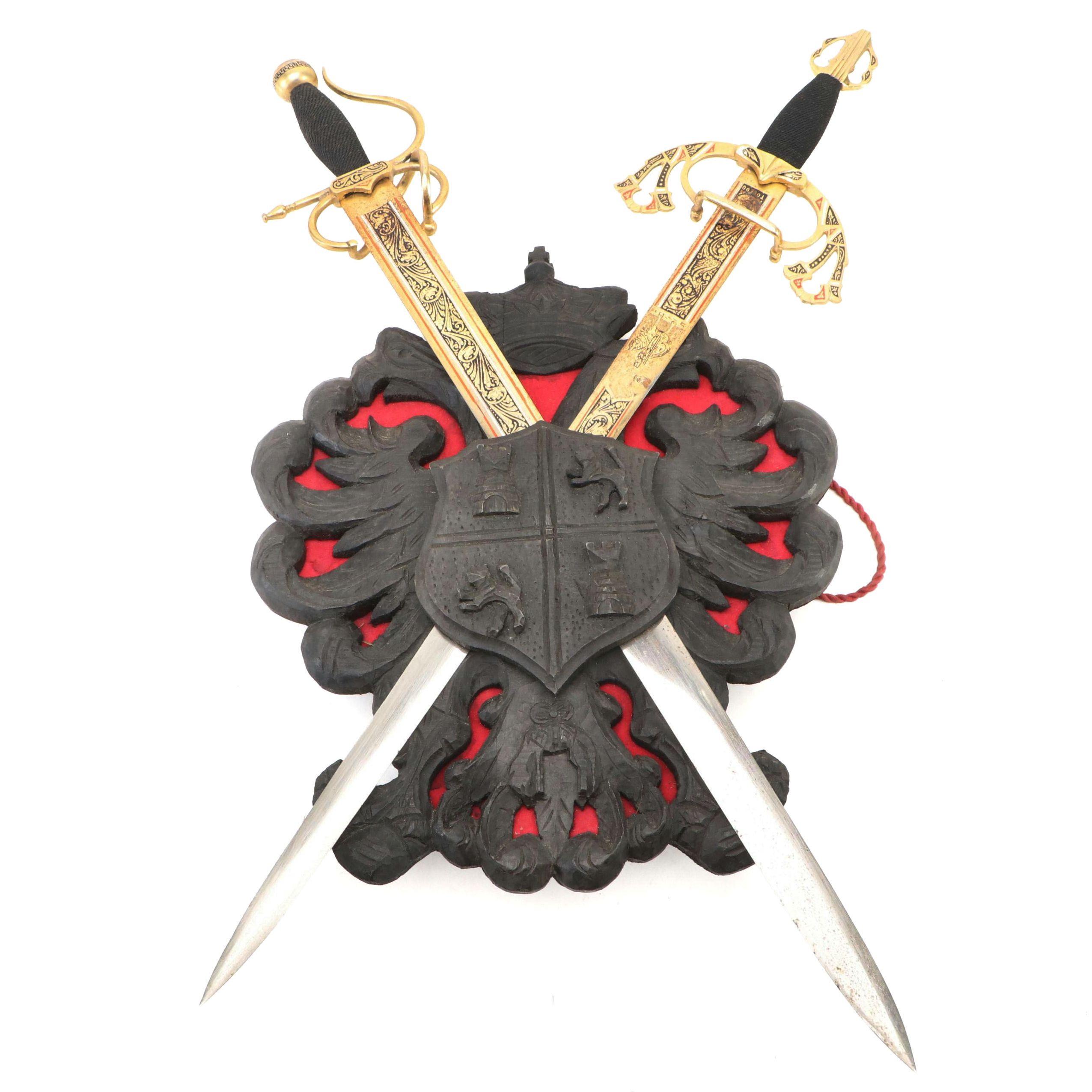 Spanish Style Carved Wood Coat of Arms with Swords