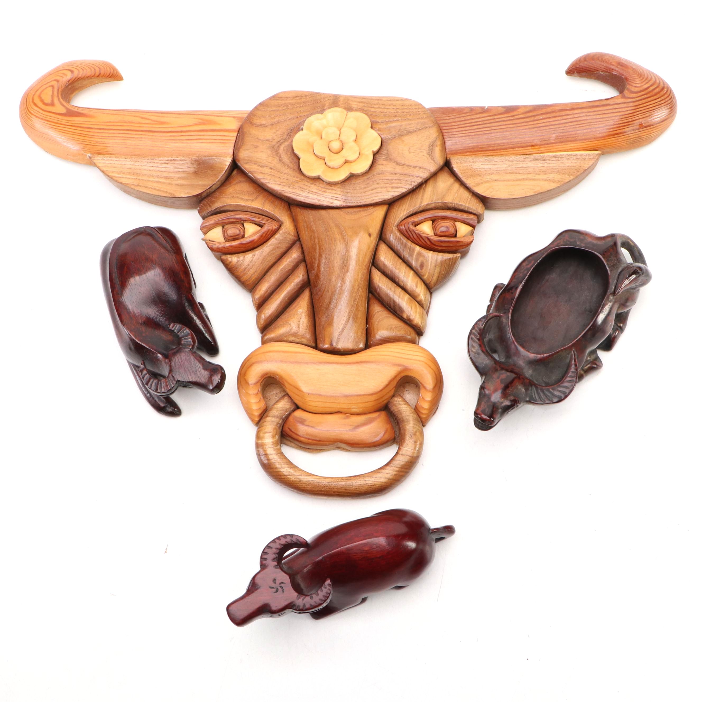 Hand-Carved Wooden Wall Hanging Ox Head, Figurines and Bowl