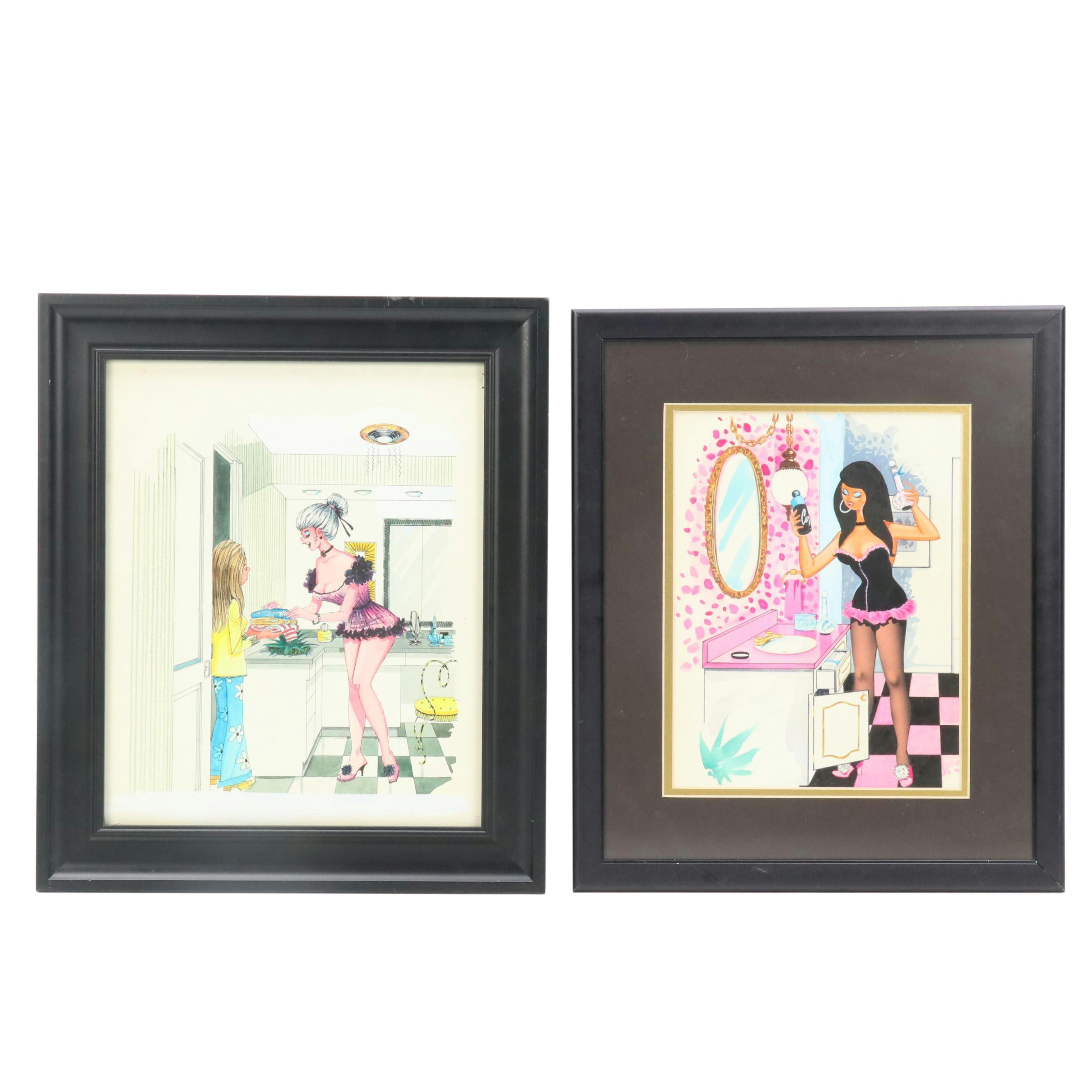 George Wagner Pin-Up Style Marker and Pen Illustrations, Mid-20th C.