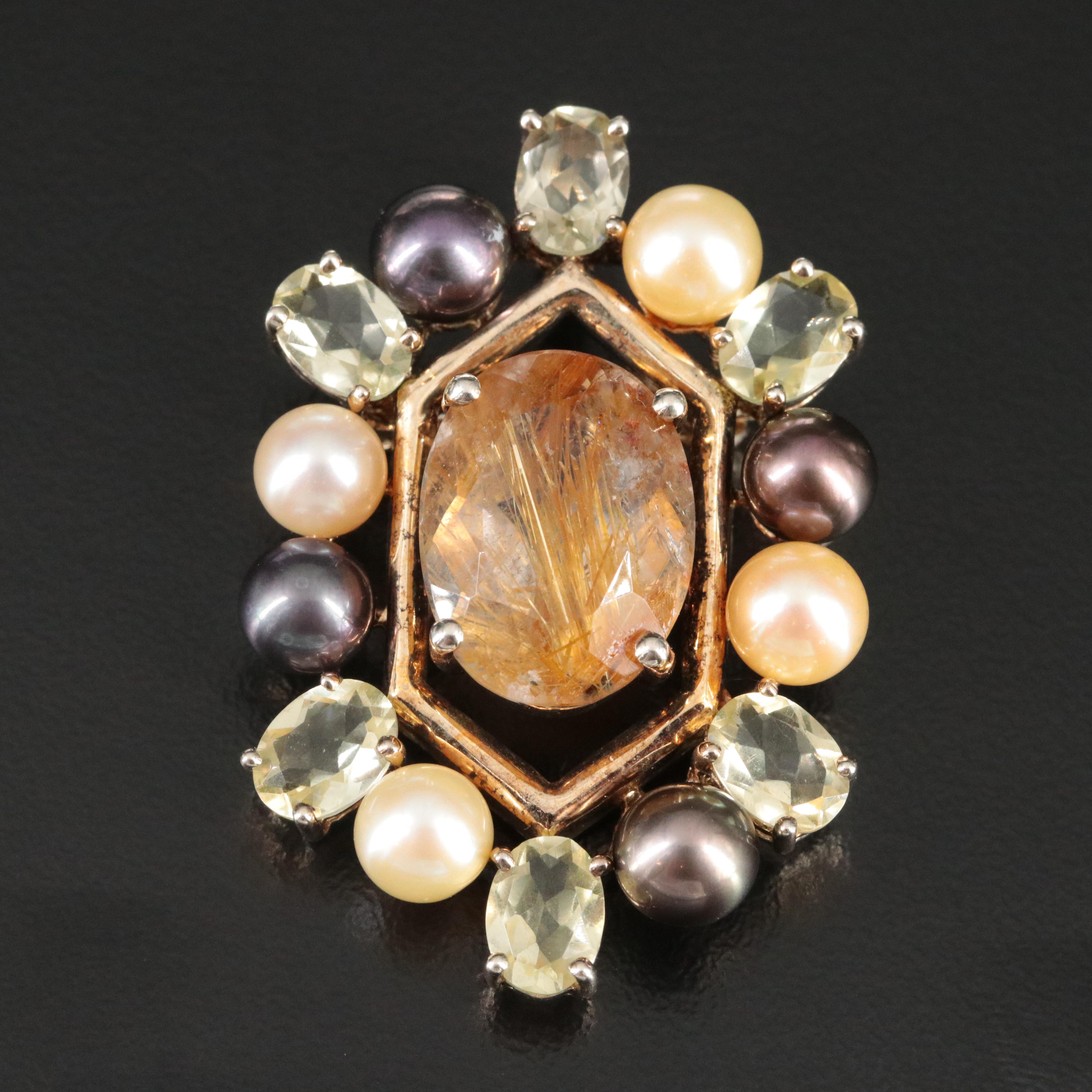 Sterling Rutilated Quartz Pearl and Citrine Brooch