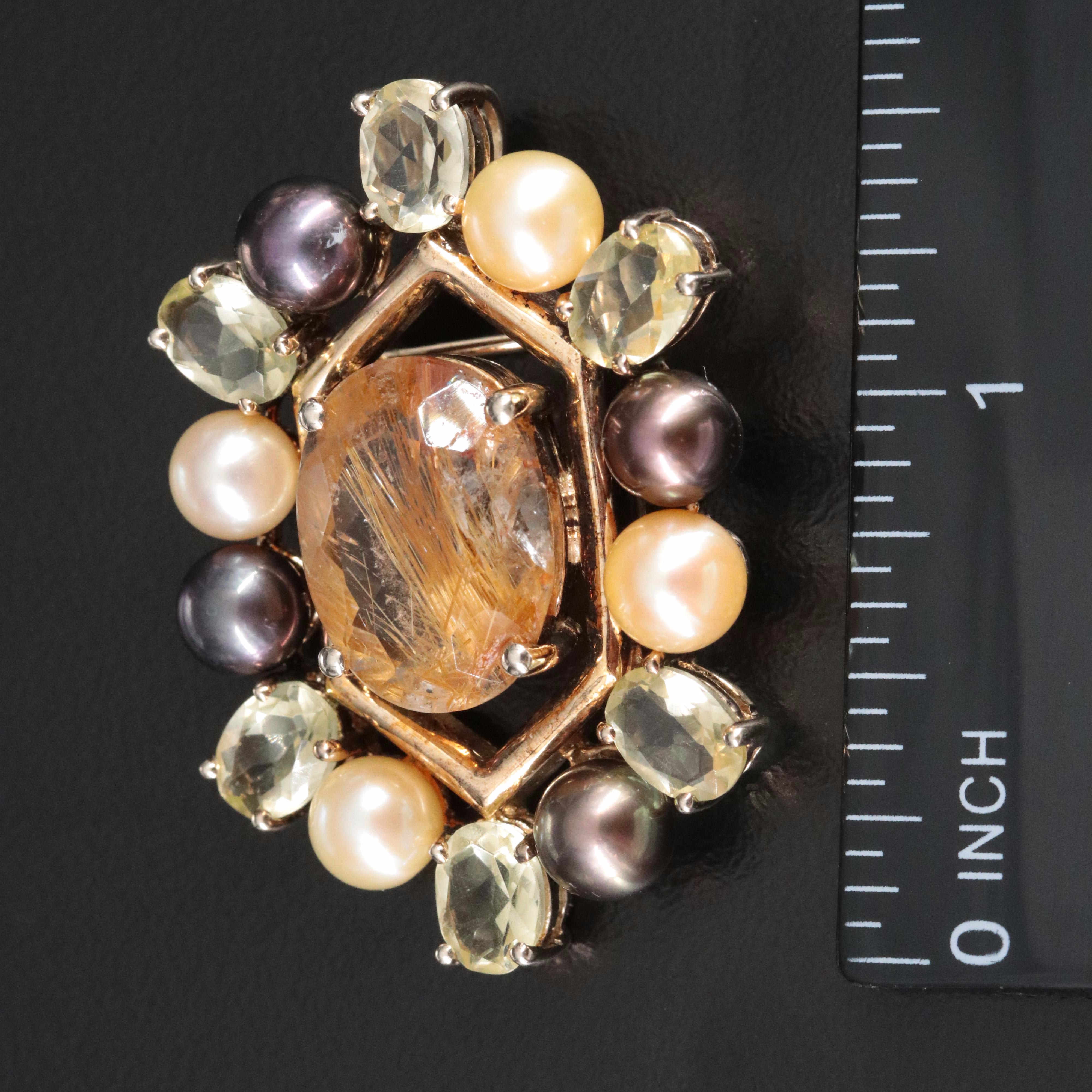Sterling Rutilated Quartz Pearl and Citrine Brooch