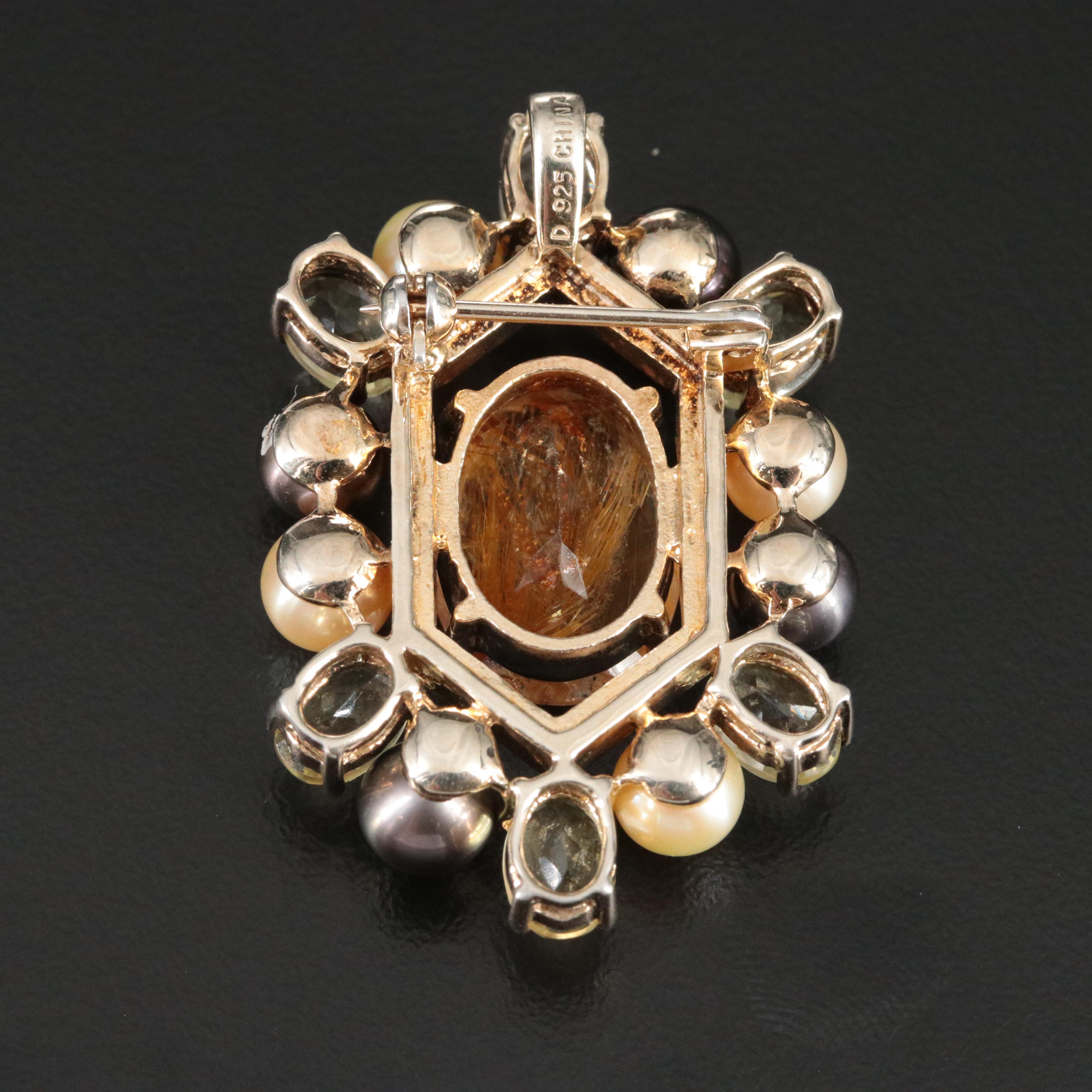 Sterling Rutilated Quartz Pearl and Citrine Brooch