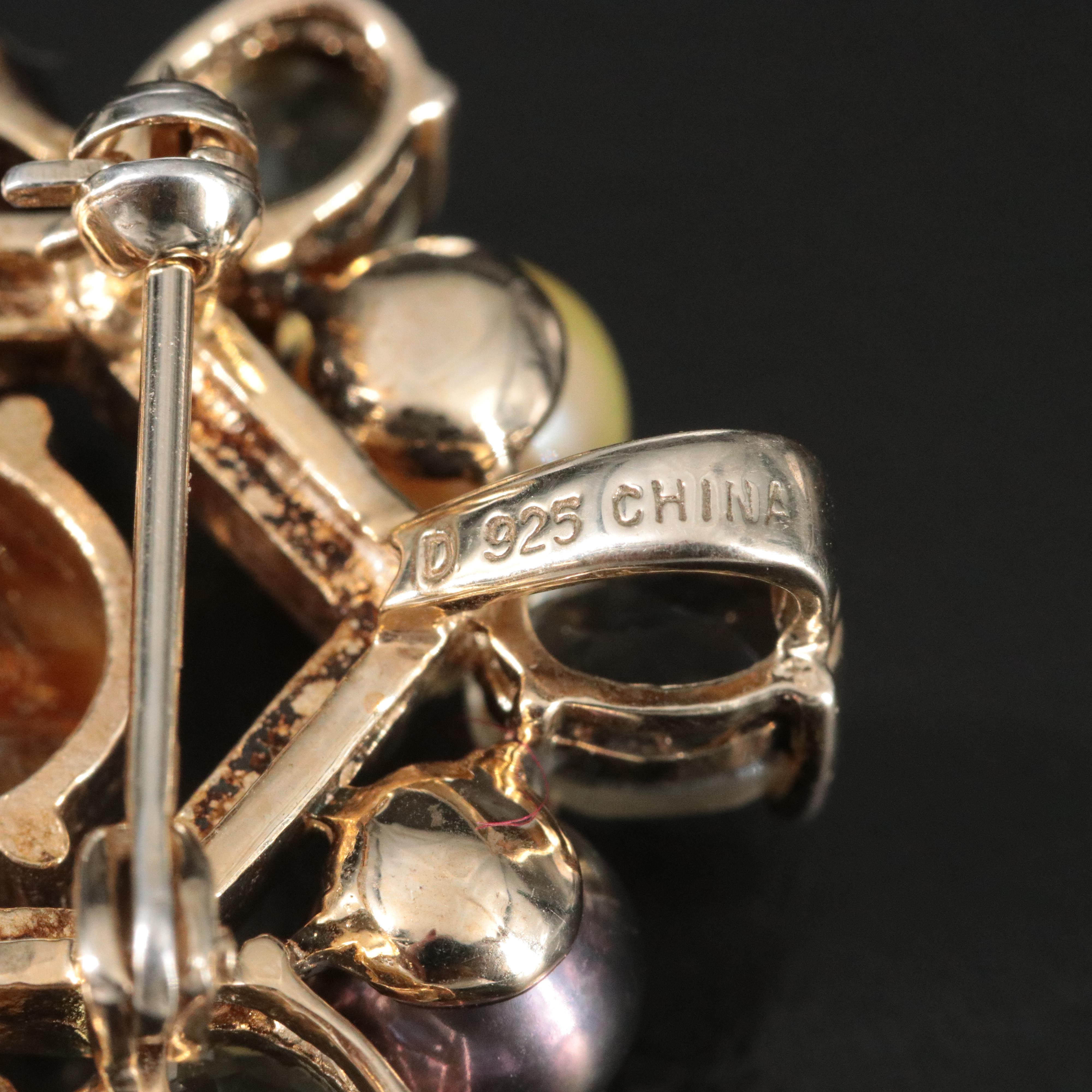 Sterling Rutilated Quartz Pearl and Citrine Brooch