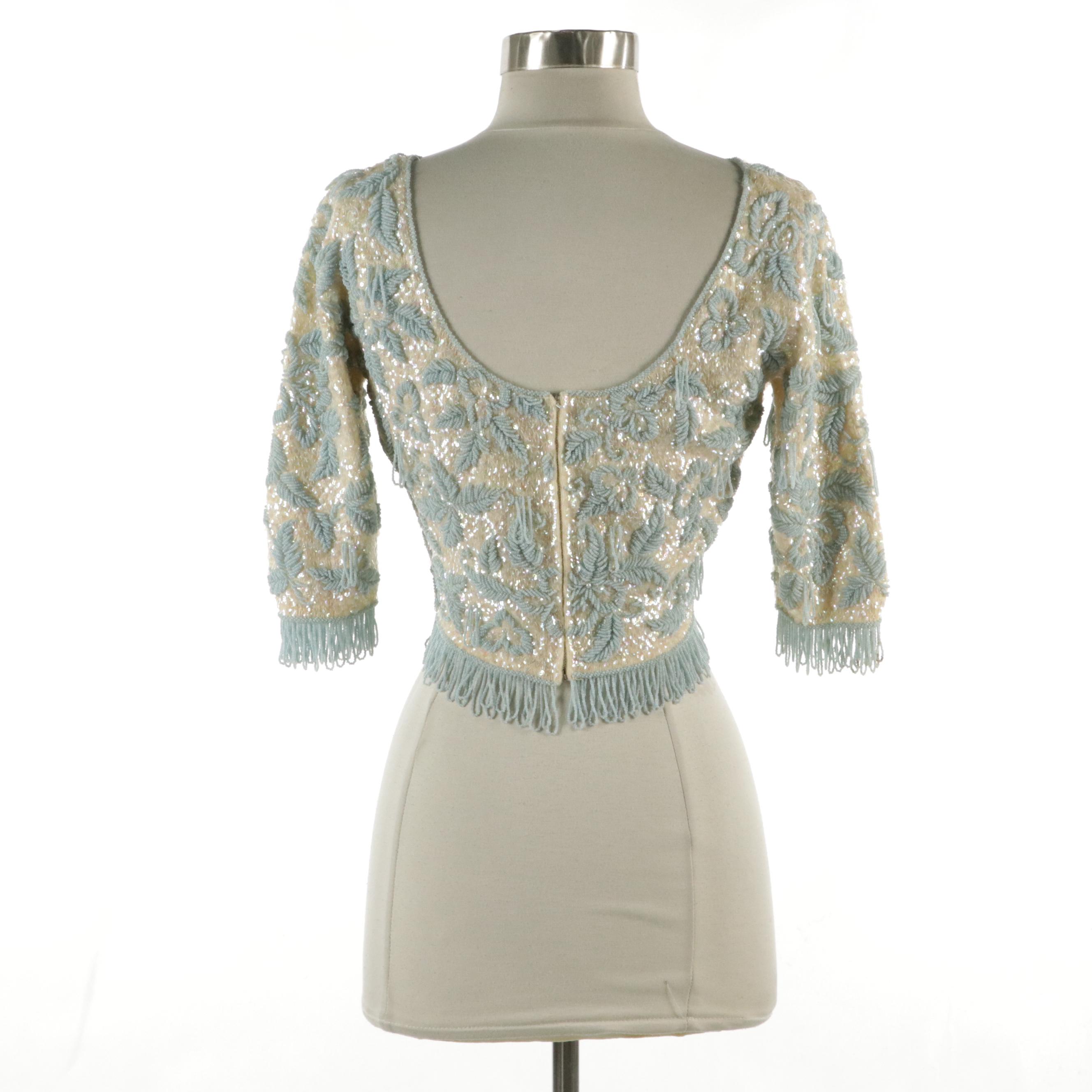 Saks Fifth Avenue Glass Bead Loop Fringe Cashmere Crop Top, 1960s