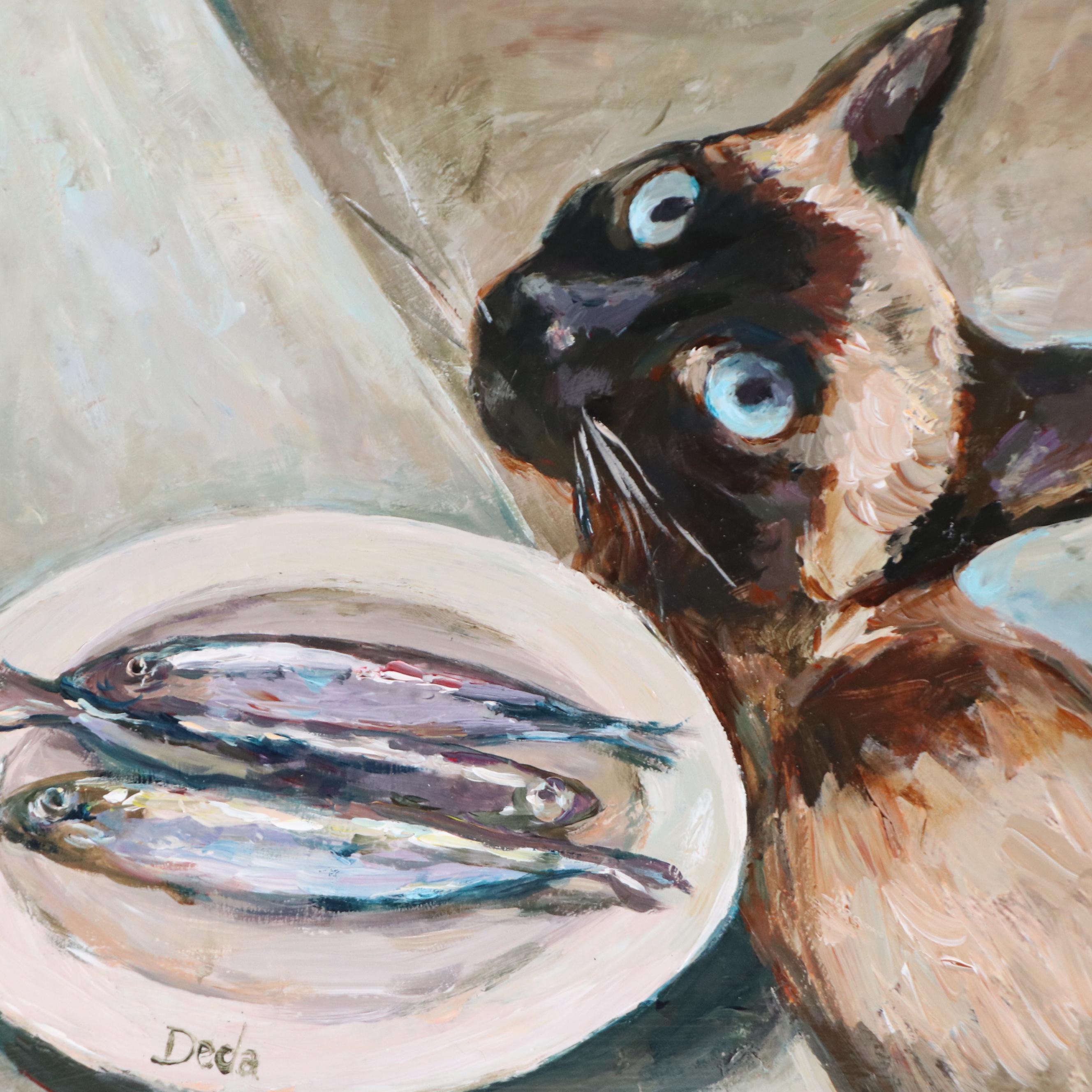 Adam Deda Oil Painting of Siamese Cat "The Fish Stalker," 2025