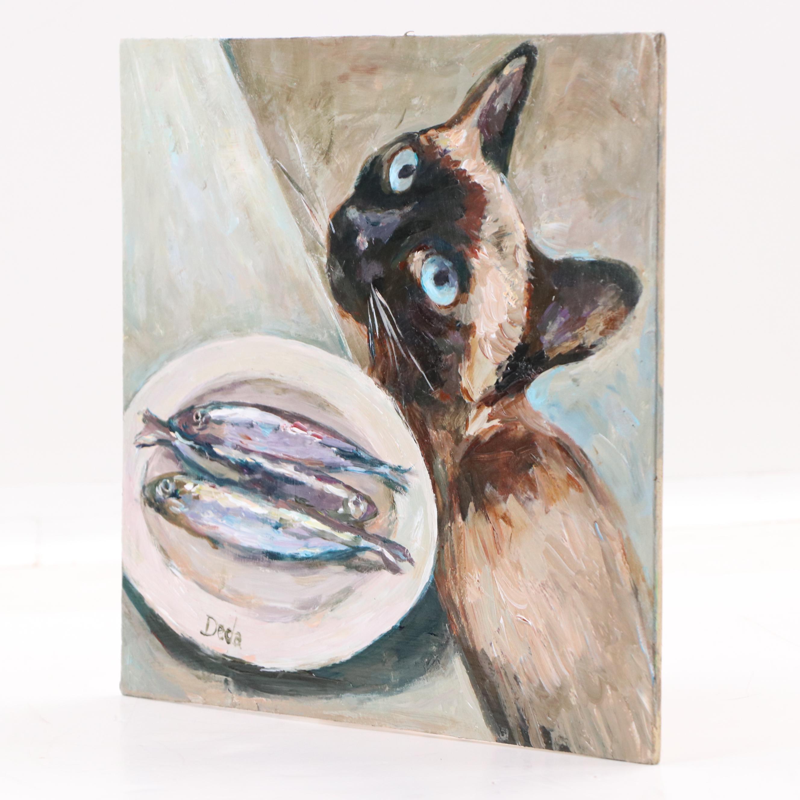 Adam Deda Oil Painting of Siamese Cat "The Fish Stalker," 2025