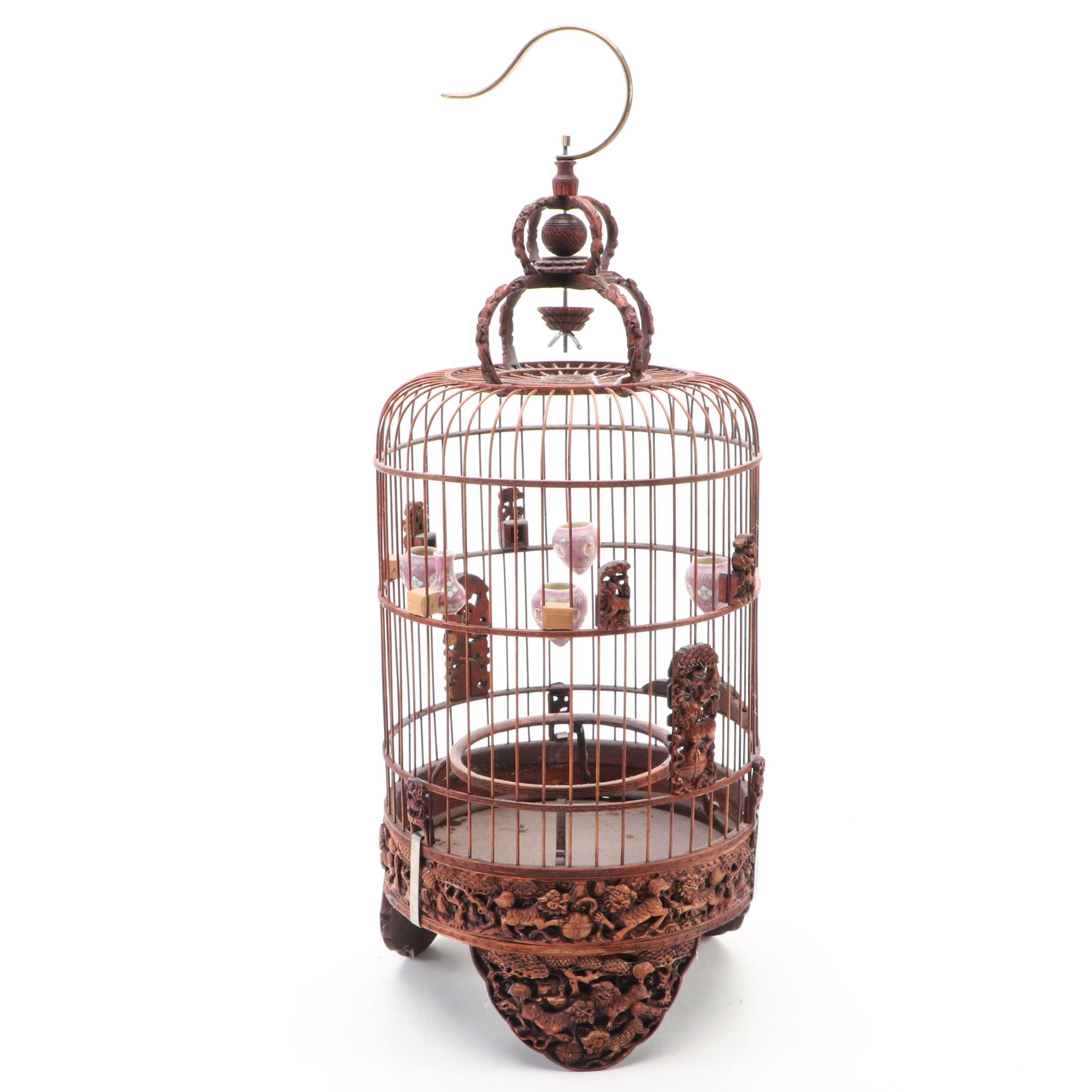 Chinese Bamboo and Carved Wood Footed Birdcage