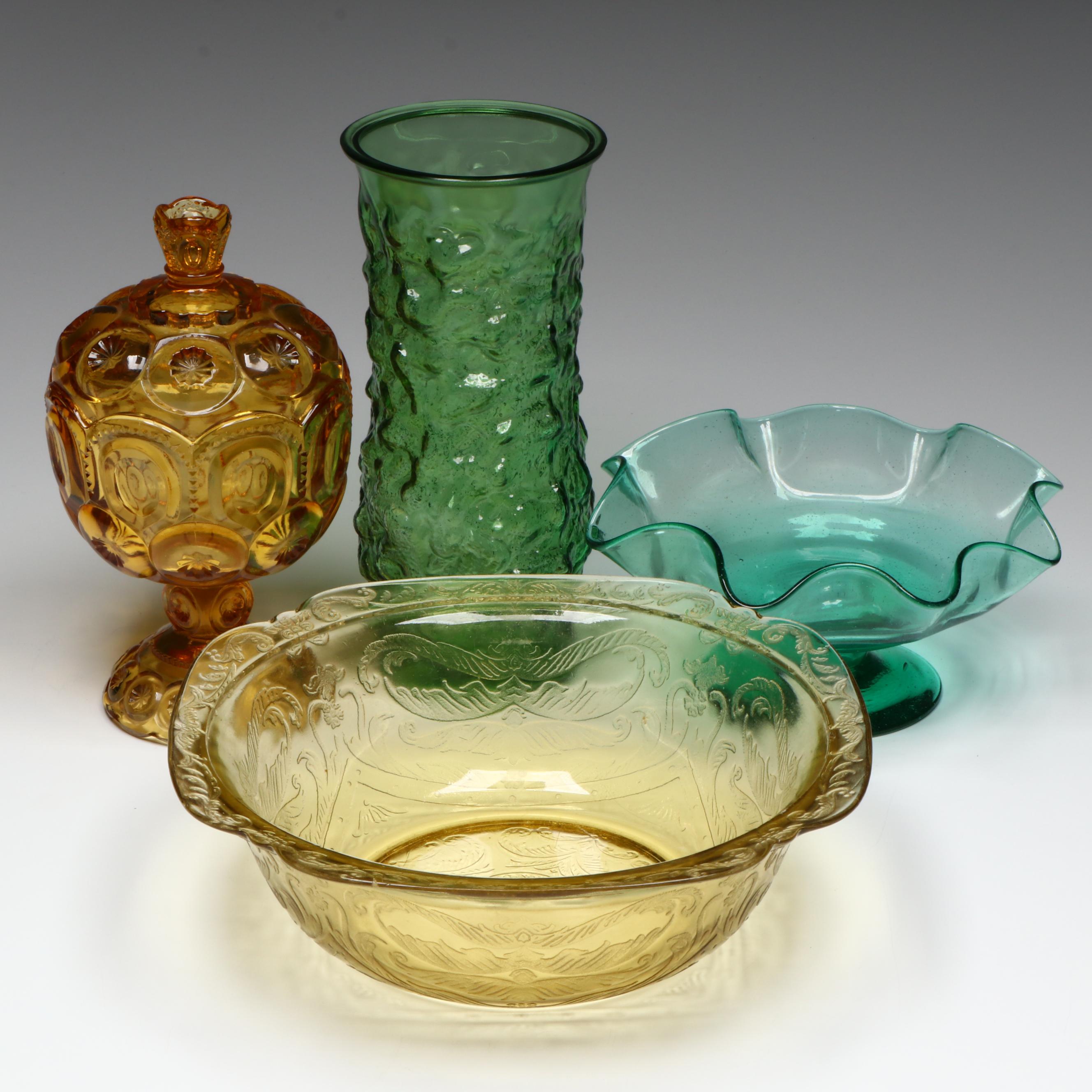 LE Smith Amber Glass Moon and Stars Compote with Other Tableware