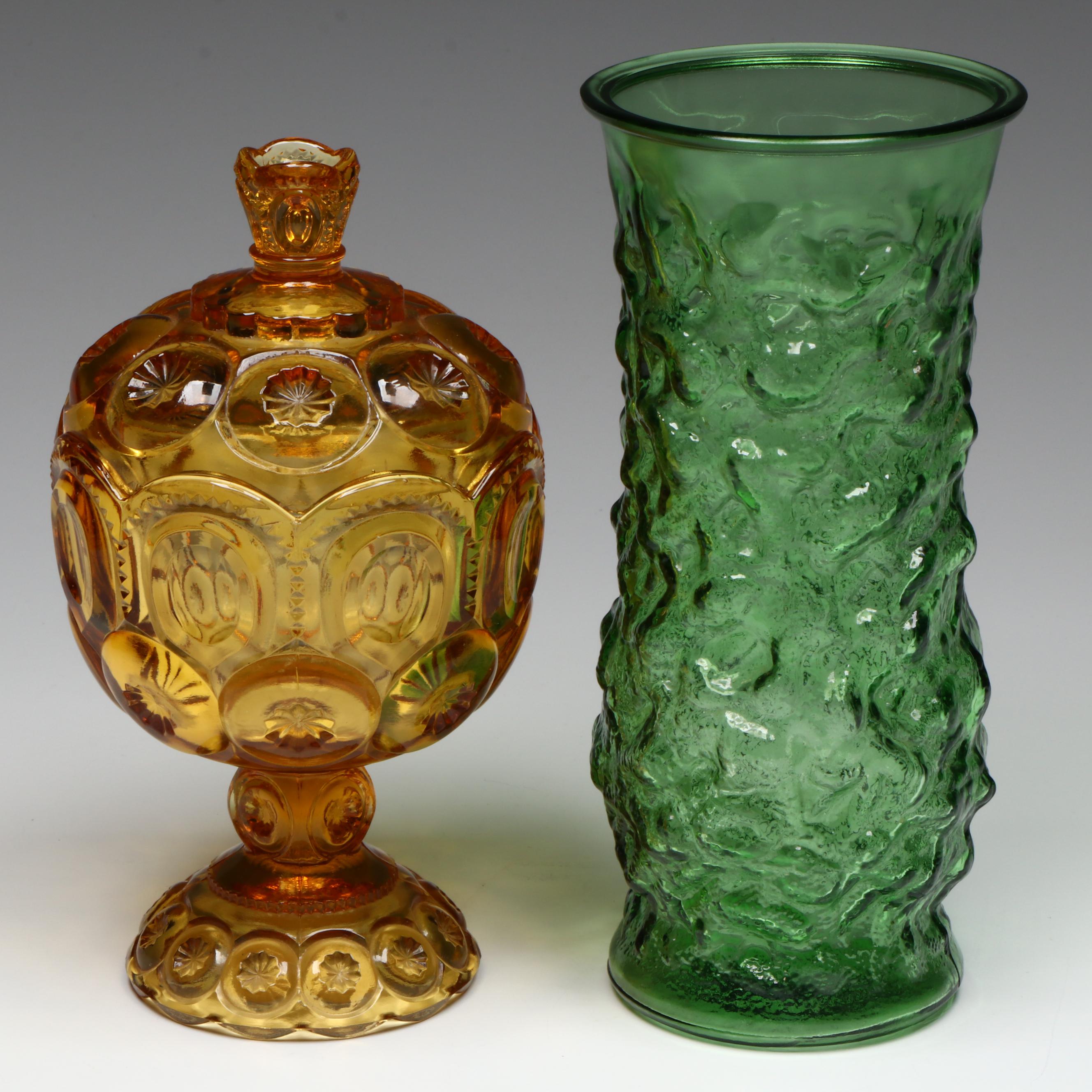 LE Smith Amber Glass Moon and Stars Compote with Other Tableware