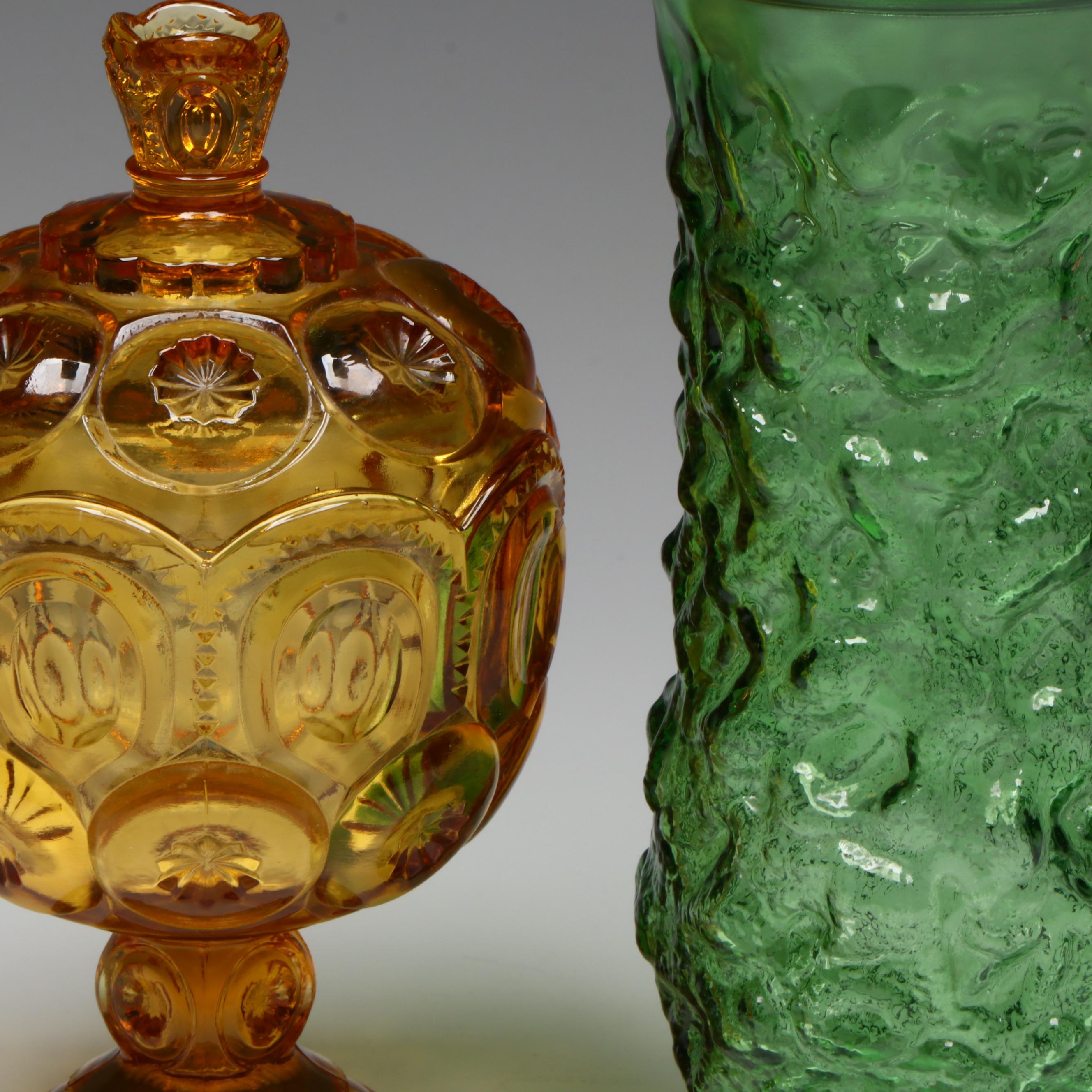 LE Smith Amber Glass Moon and Stars Compote with Other Tableware