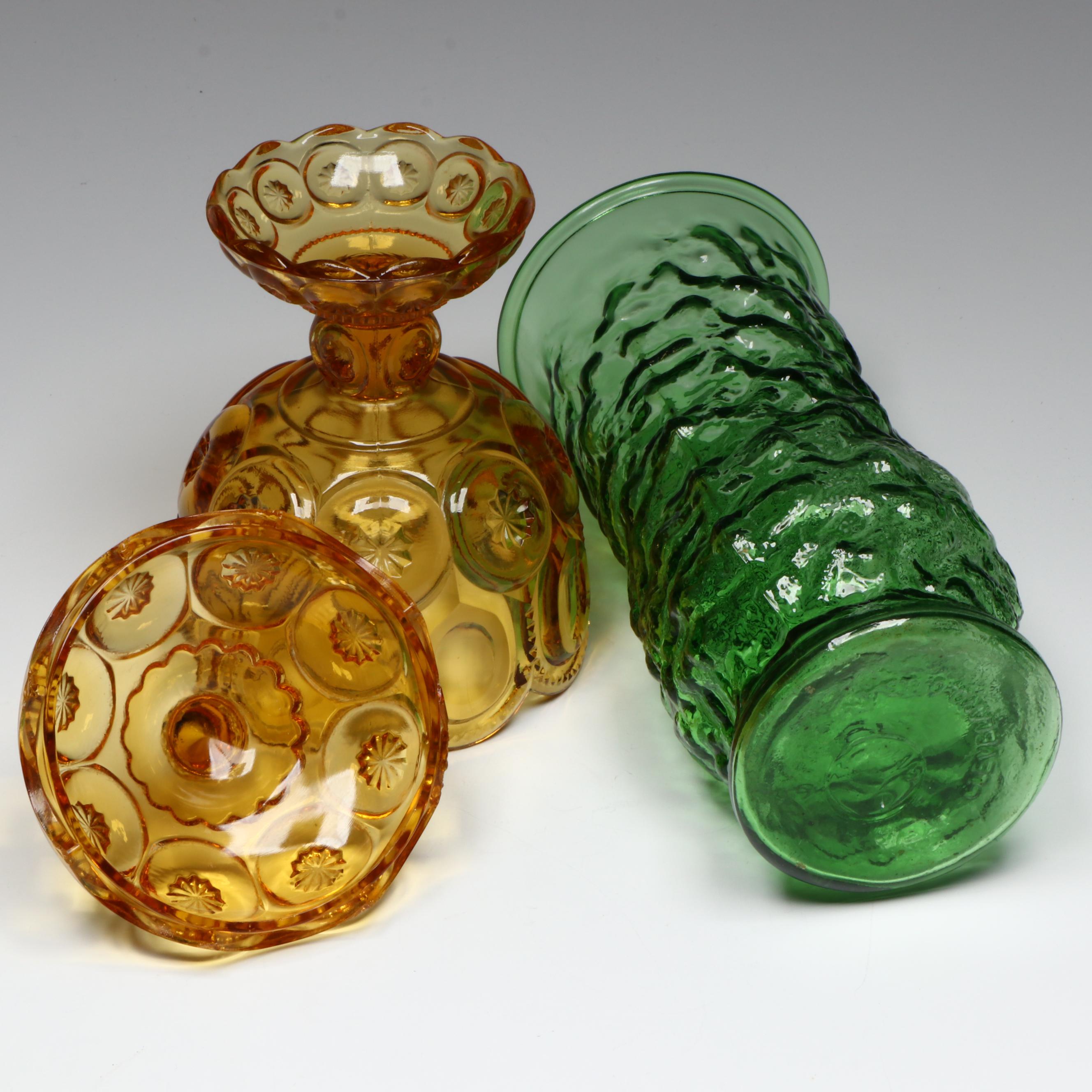 LE Smith Amber Glass Moon and Stars Compote with Other Tableware