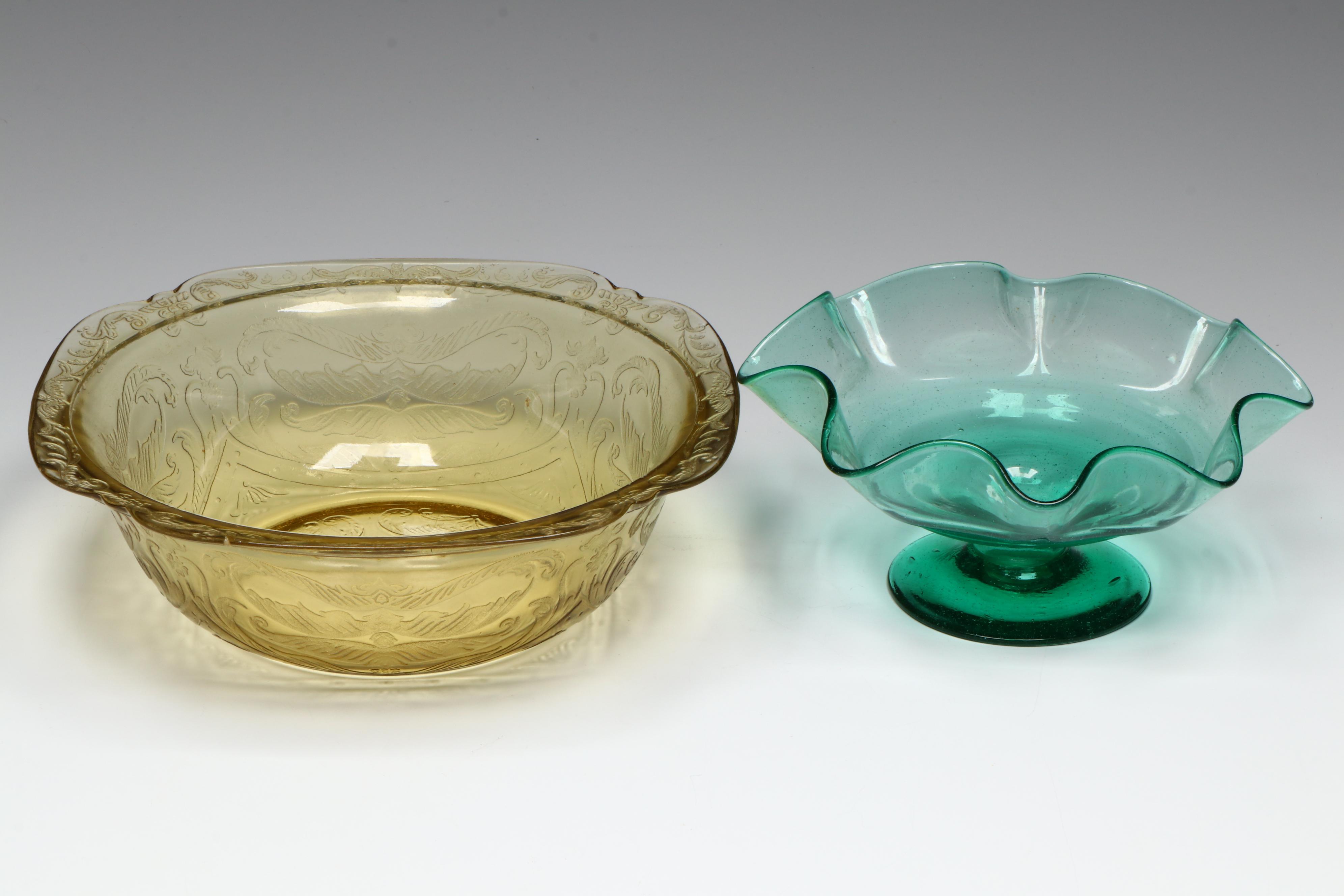 LE Smith Amber Glass Moon and Stars Compote with Other Tableware