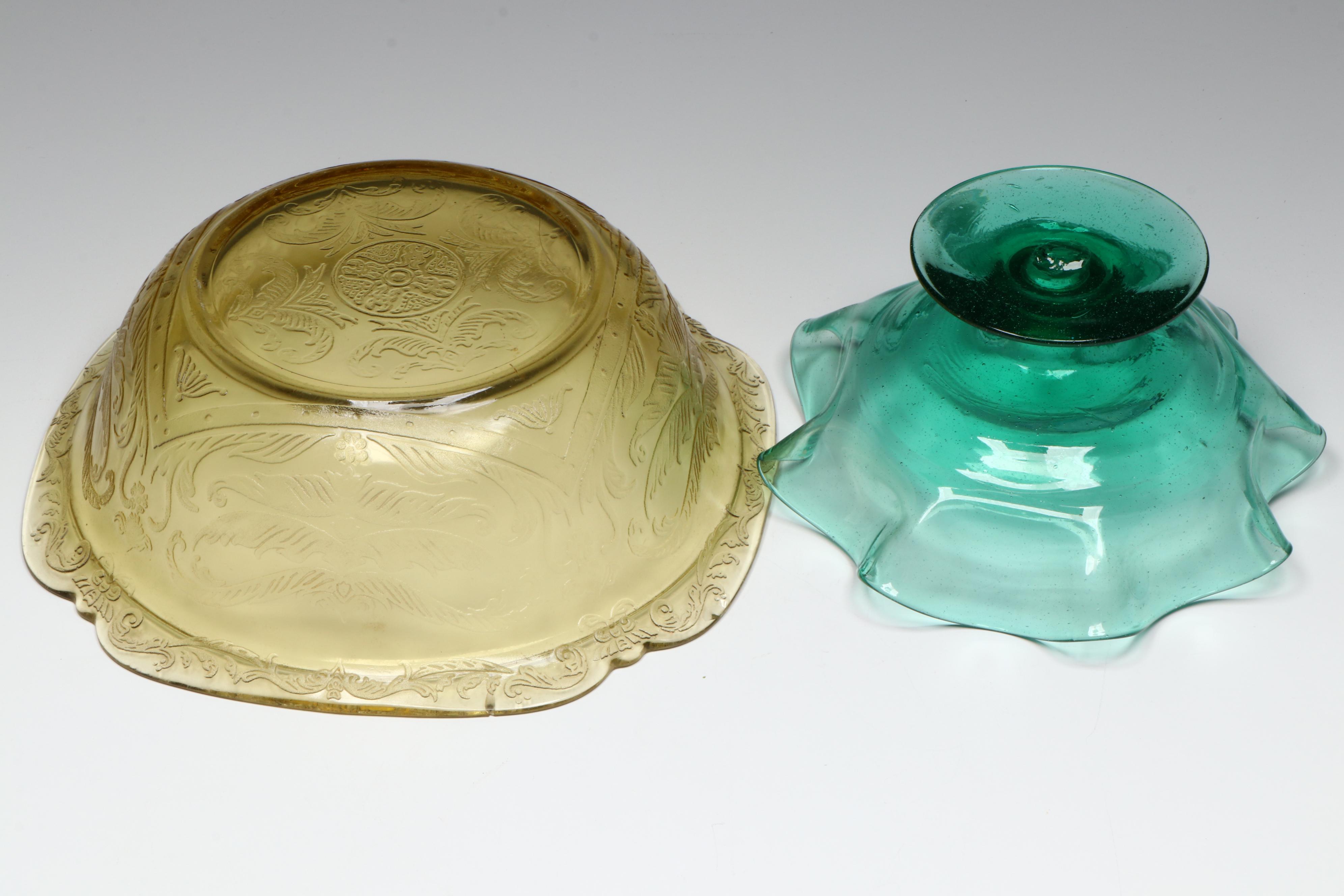 LE Smith Amber Glass Moon and Stars Compote with Other Tableware