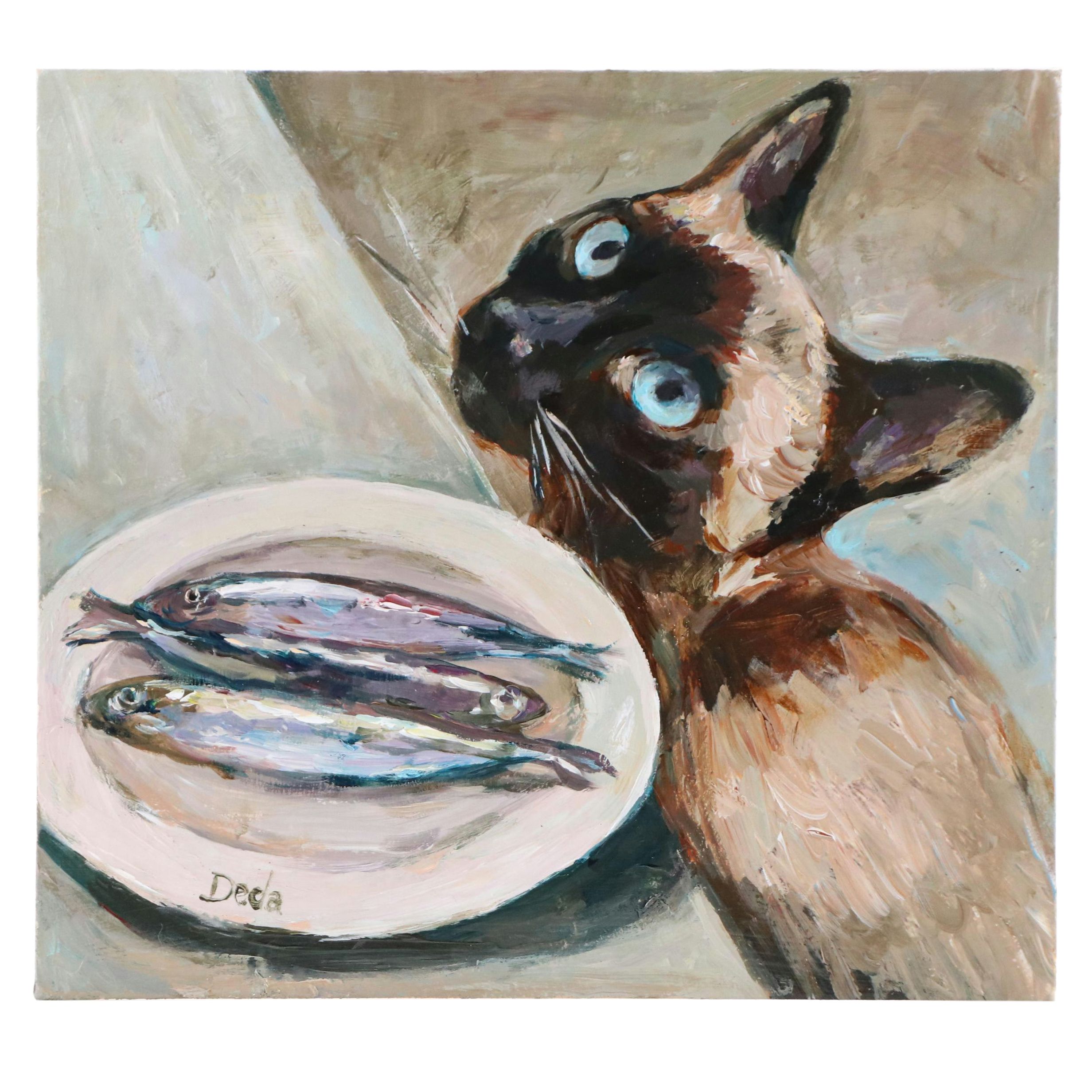 Adam Deda Oil Painting of Siamese Cat "The Fish Stalker," 2025
