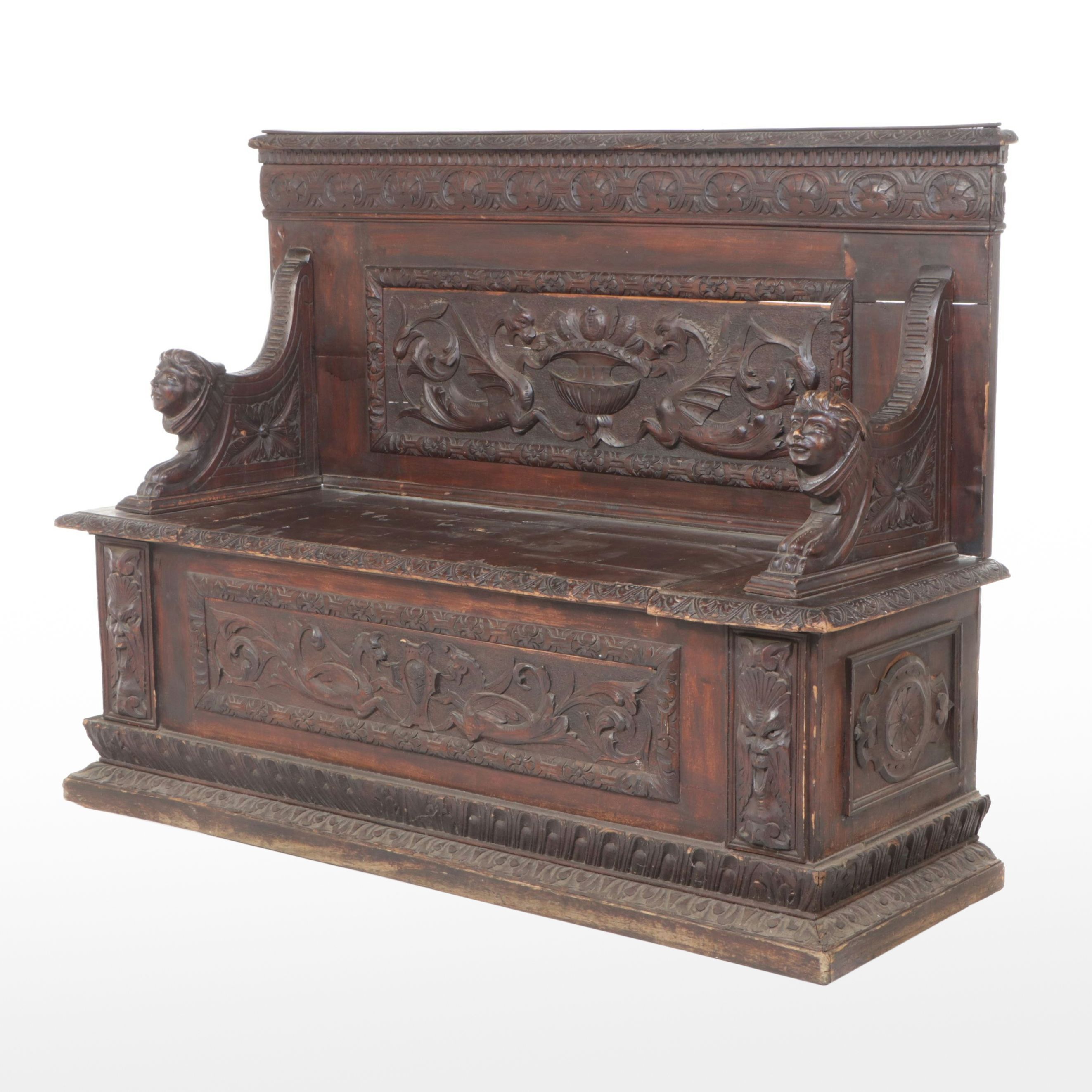 Renaissance Revival Oak Hall Bench, 19th Century