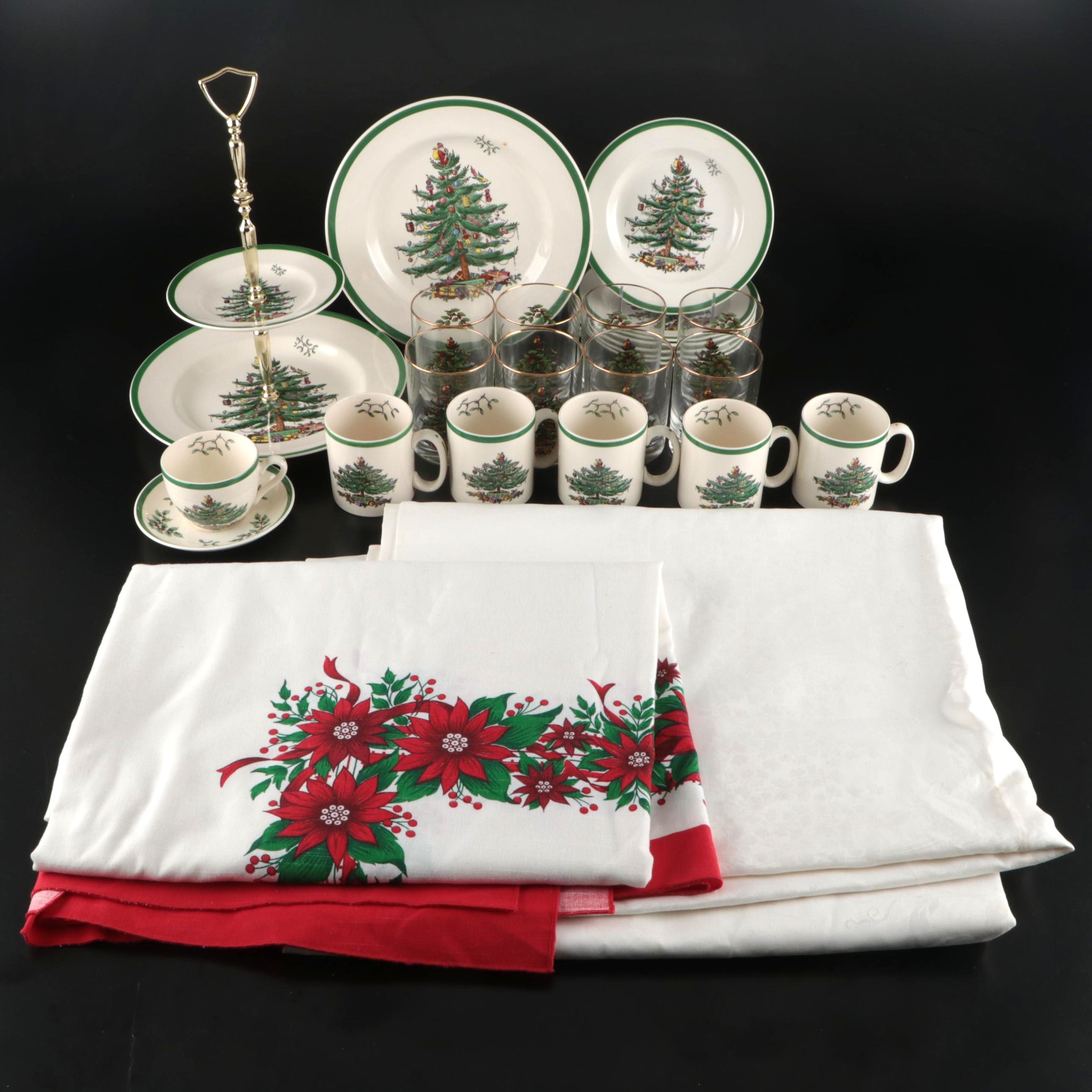 Spode "Christmas Tree" Porcelain Tableware with Seasonal Tablecloths