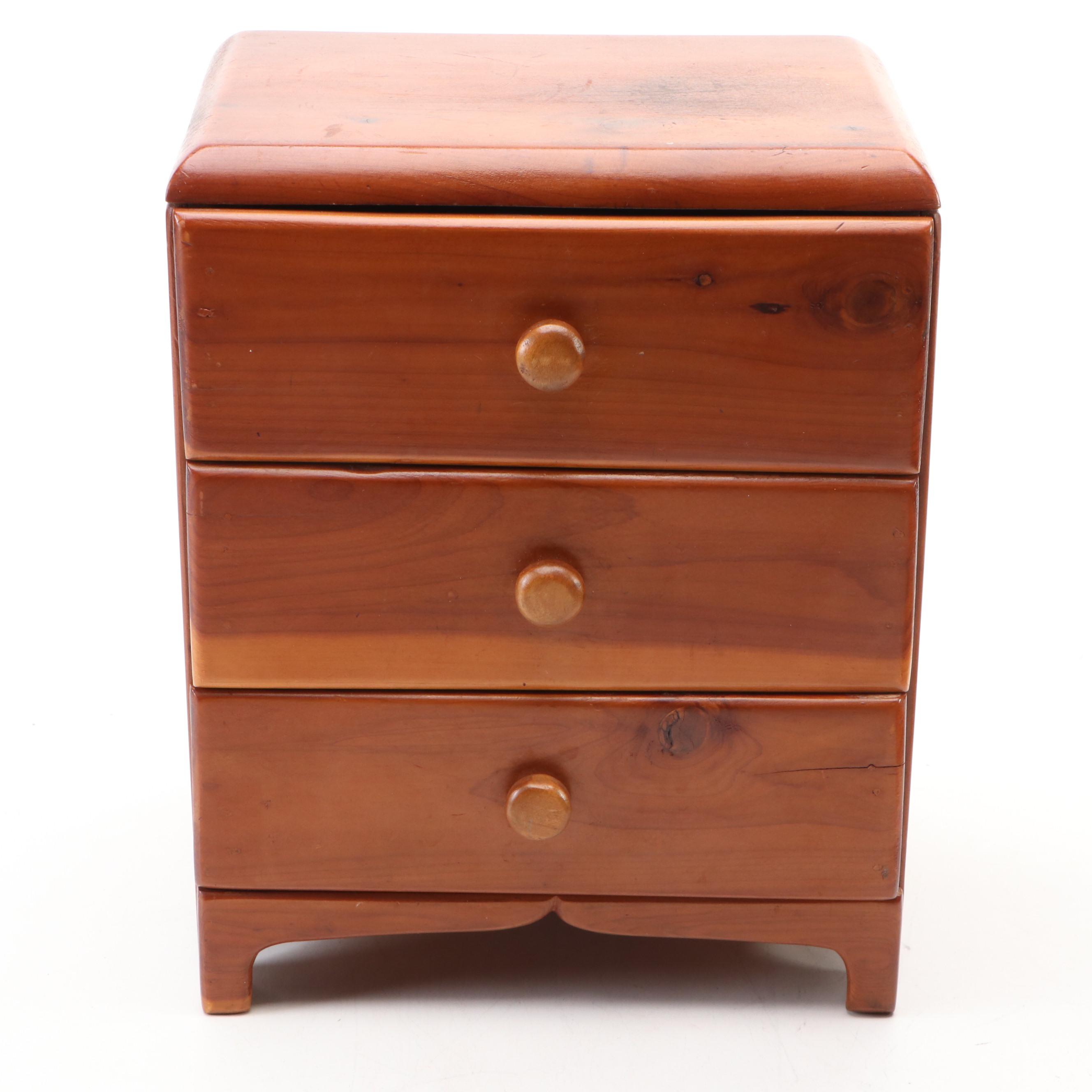 Folk Art Style Hand-Carved Wooden Box with Three-Drawer Jewelry Box