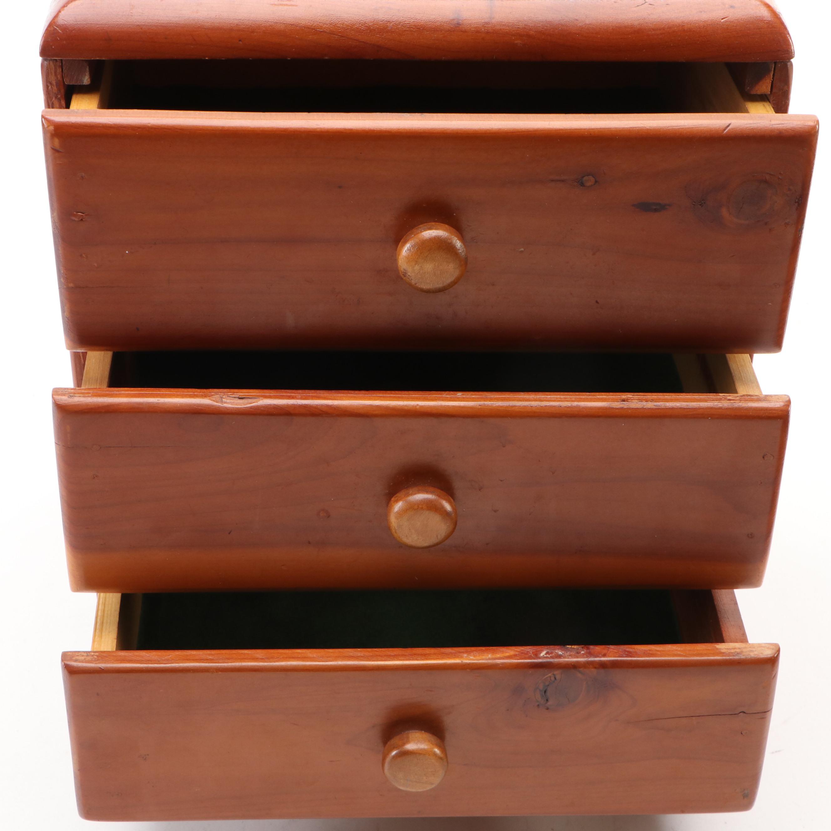 Folk Art Style Hand-Carved Wooden Box with Three-Drawer Jewelry Box