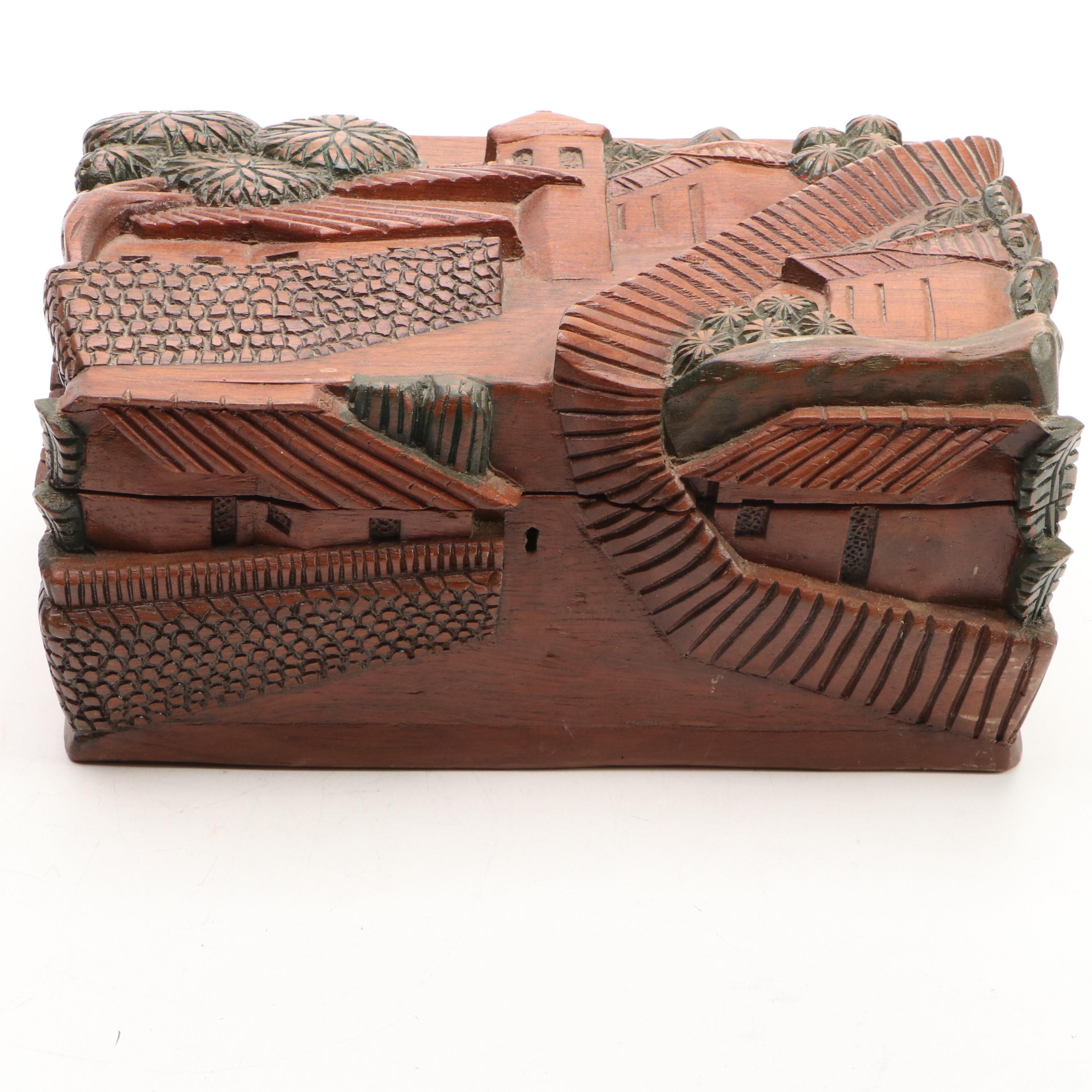 Folk Art Style Hand-Carved Wooden Box with Three-Drawer Jewelry Box