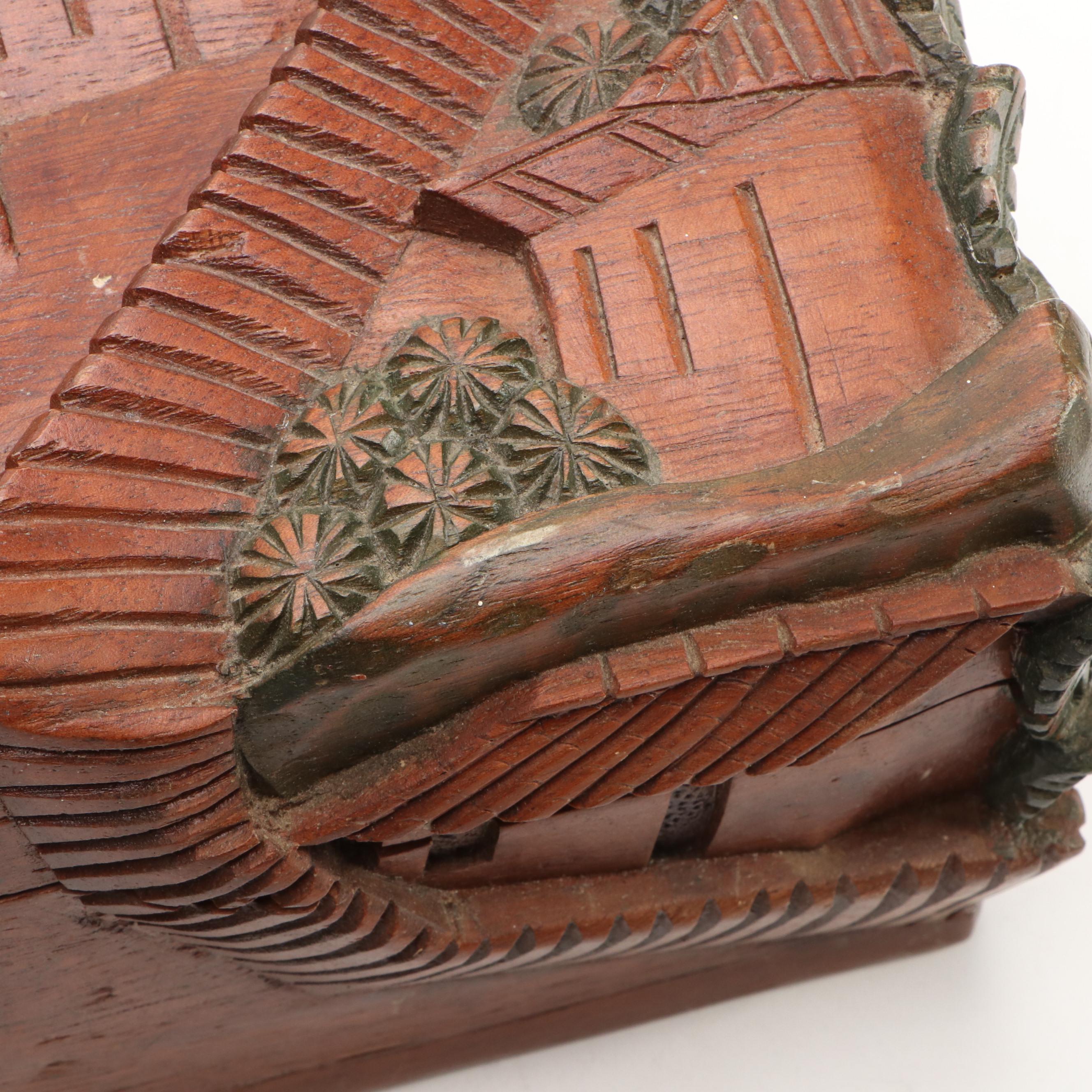 Folk Art Style Hand-Carved Wooden Box with Three-Drawer Jewelry Box