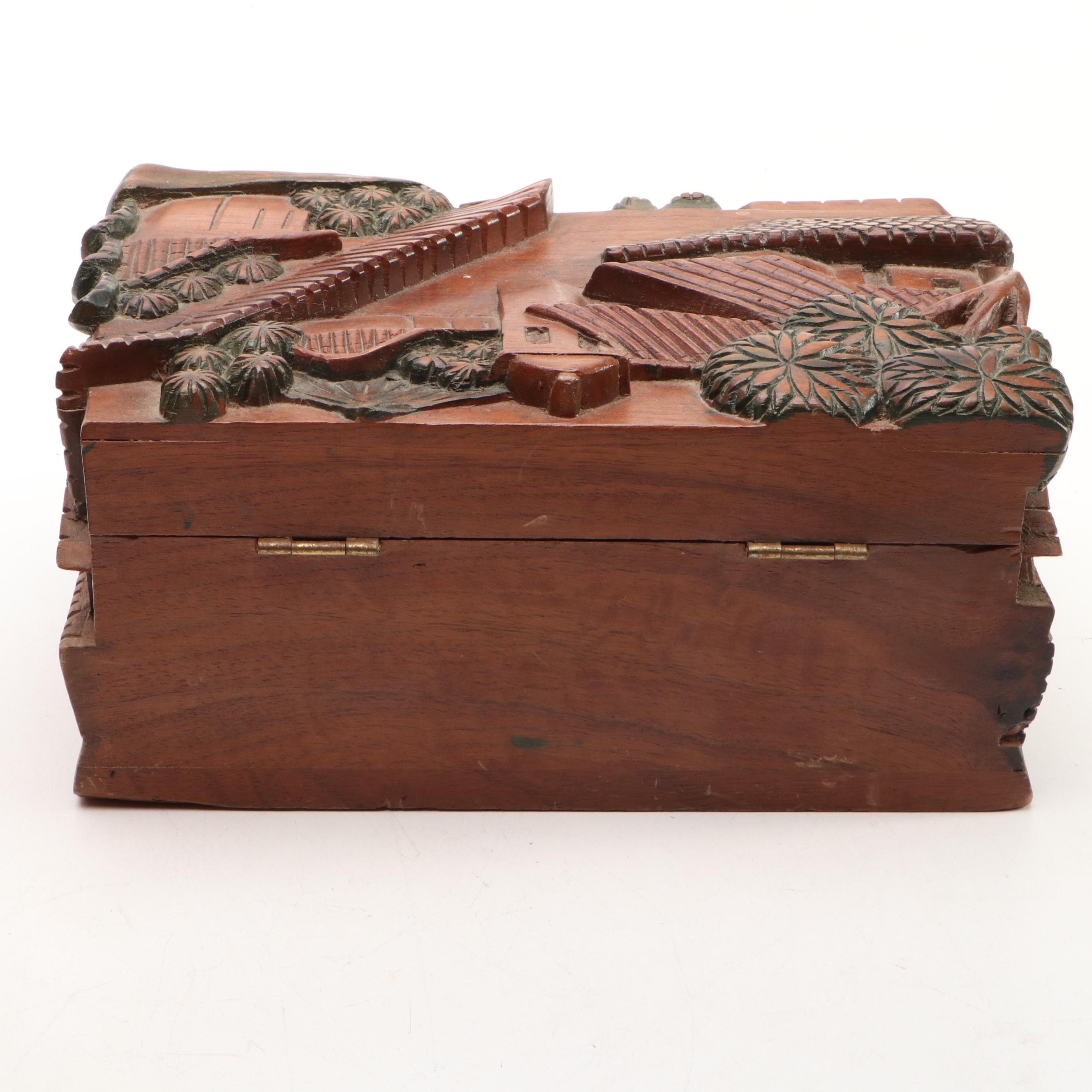 Folk Art Style Hand-Carved Wooden Box with Three-Drawer Jewelry Box