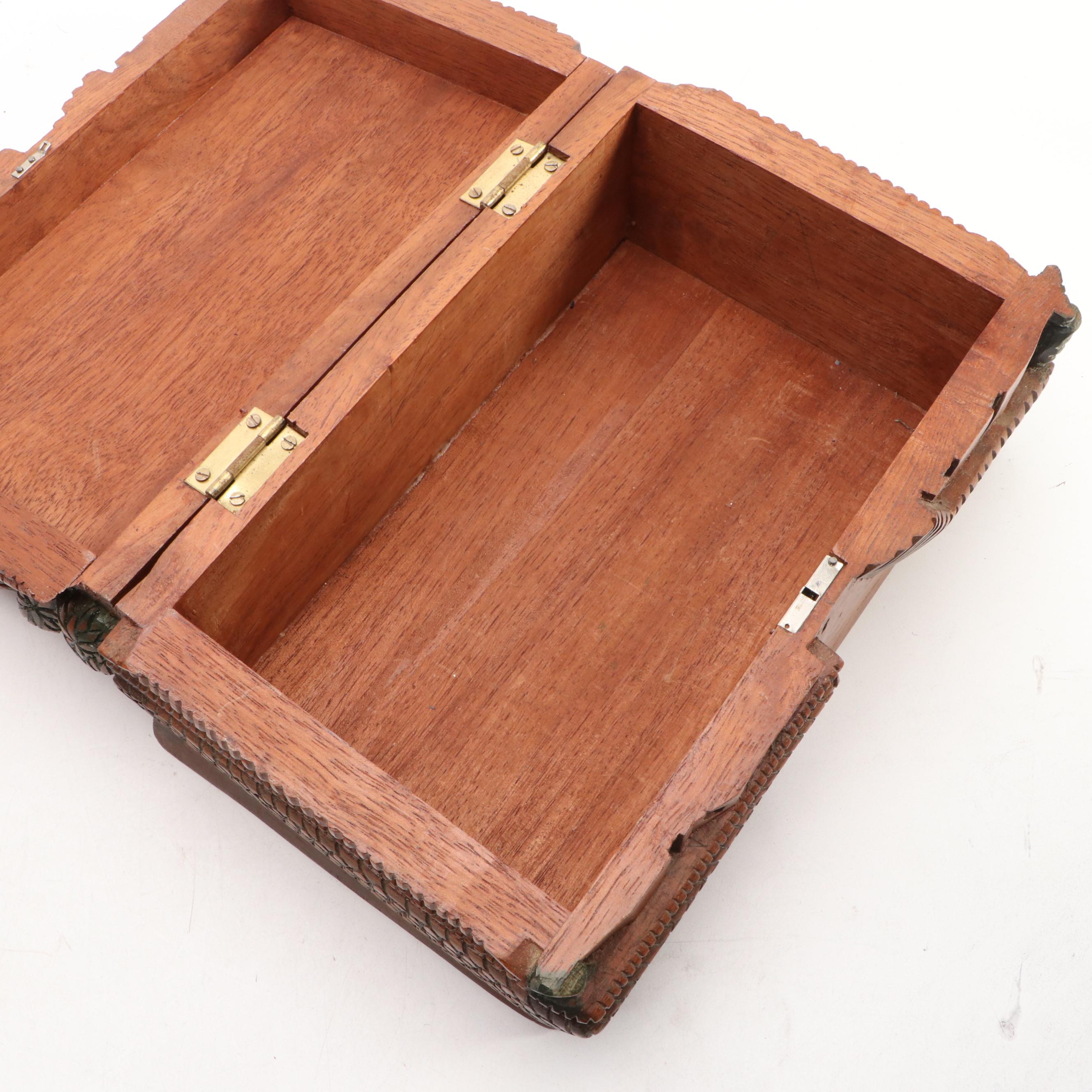 Folk Art Style Hand-Carved Wooden Box with Three-Drawer Jewelry Box