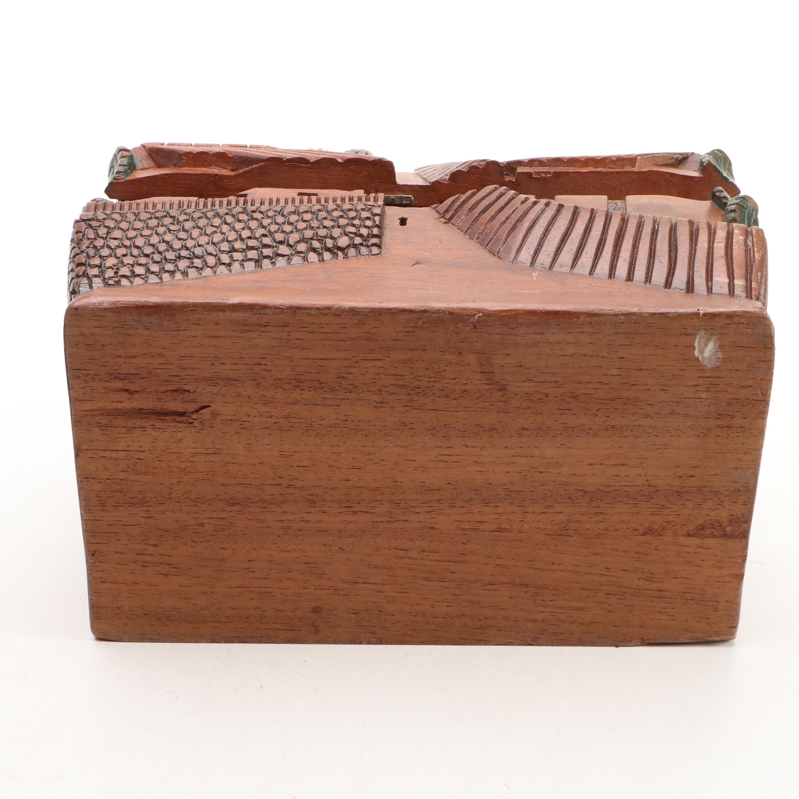 Folk Art Style Hand-Carved Wooden Box with Three-Drawer Jewelry Box