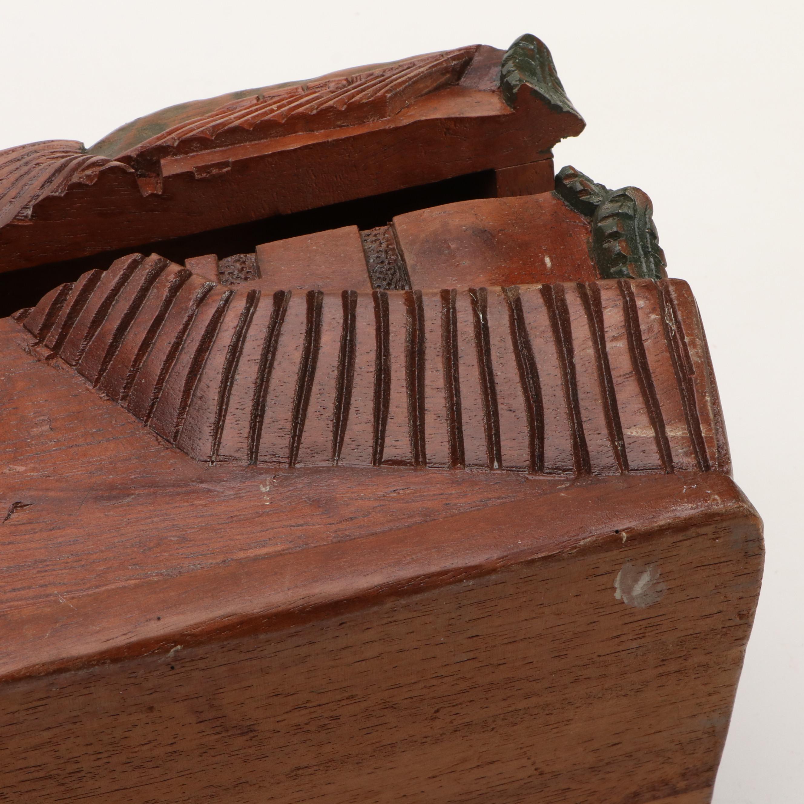Folk Art Style Hand-Carved Wooden Box with Three-Drawer Jewelry Box